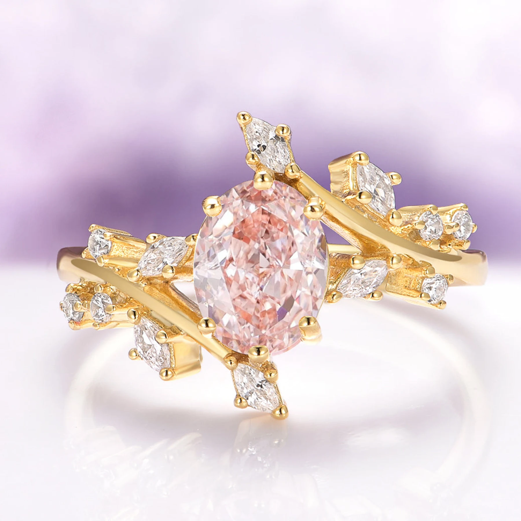Morganite Fairy Leaf Engagement Ring in 14K Solid Yellow Gold