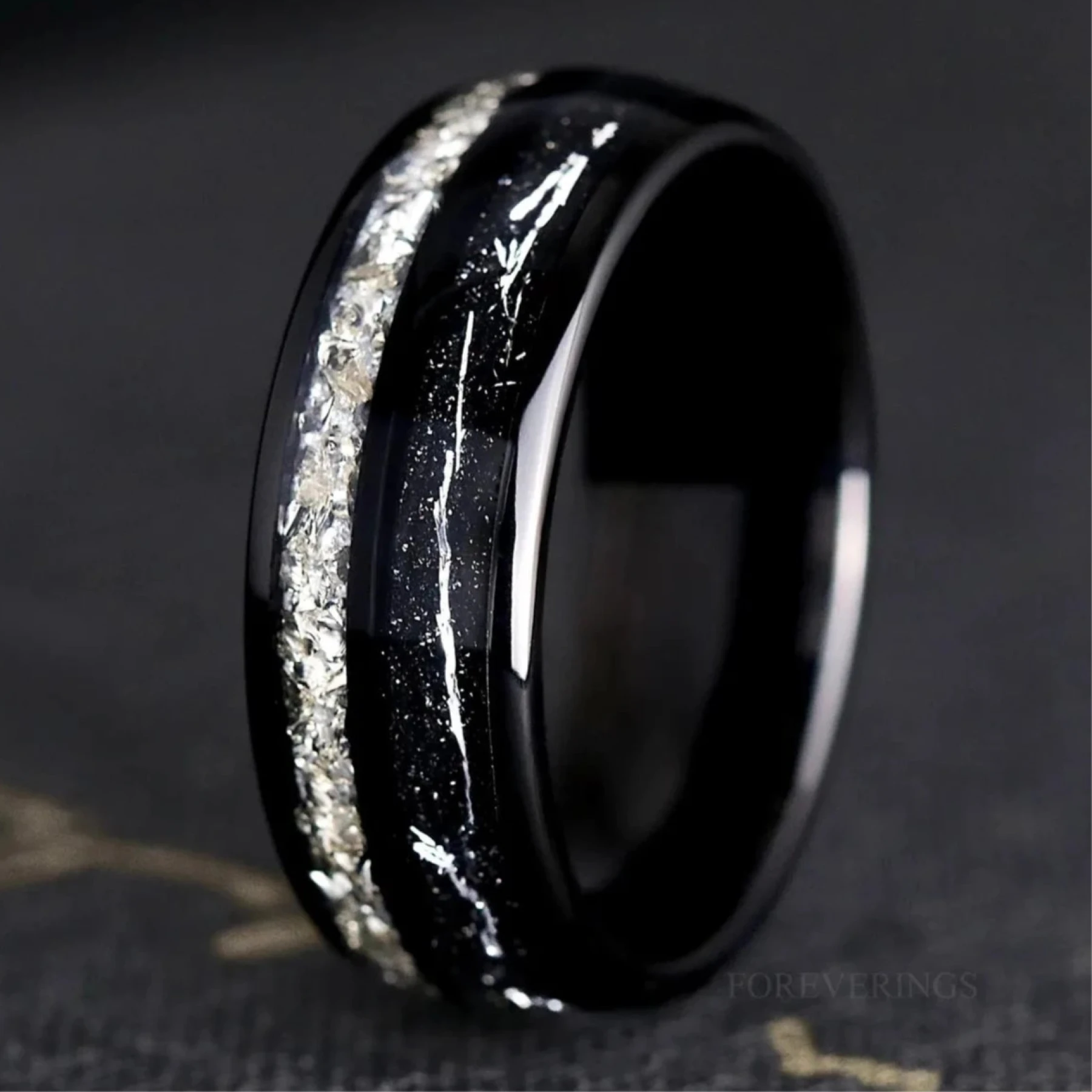 Diamond Black Tungsten Ring - Men Wedding Band, Silver Flake Inlay, Black Dust