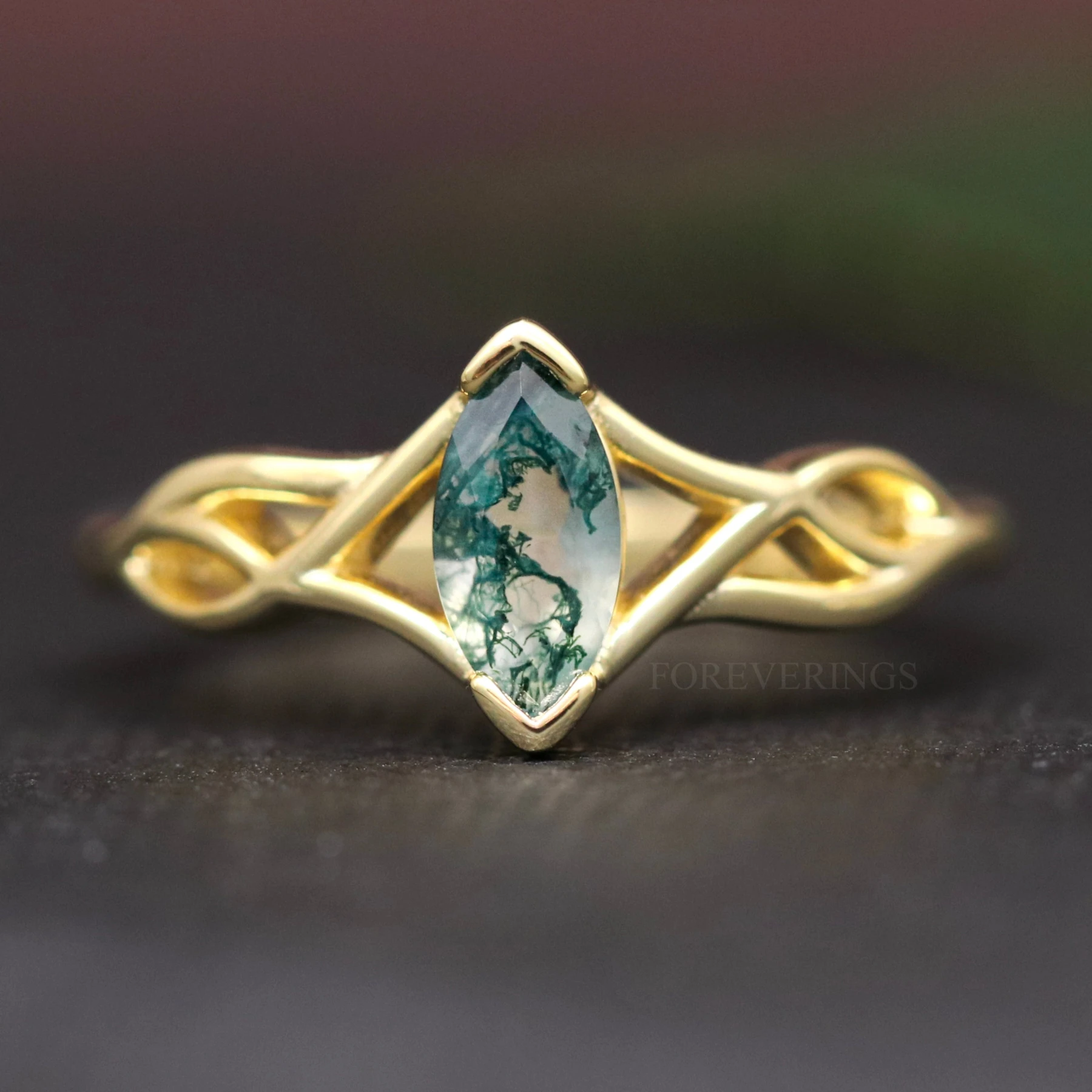 Gold Moss Agate Engagement Ring, Womens Wedding Ring, Marquise