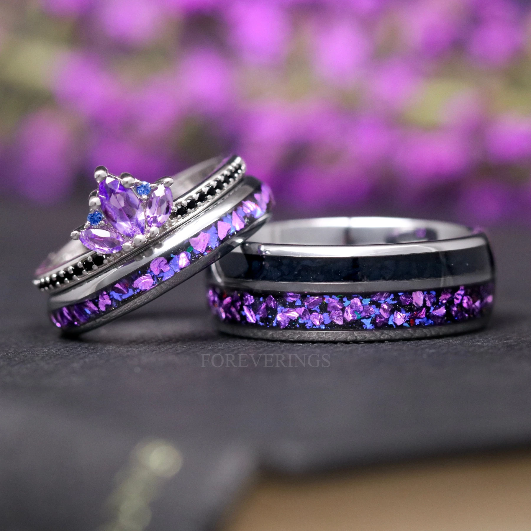 Amethyst Lotus Couples Ring Set – His & Hers Matching Wedding Rings