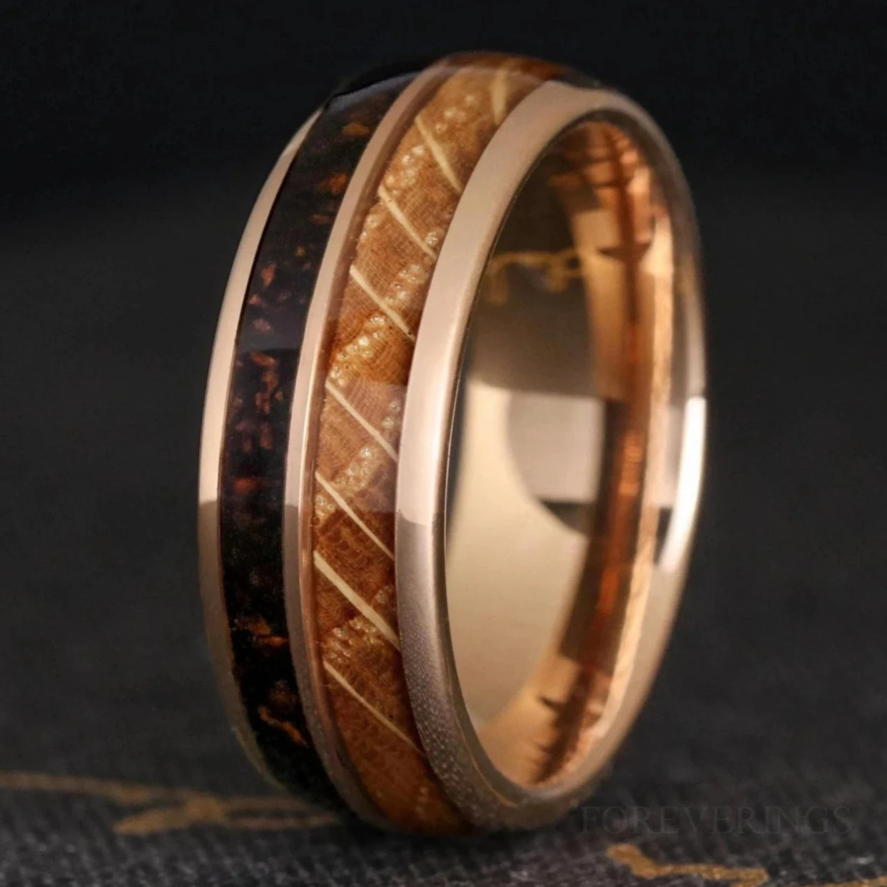 Coffee & Whiskey Barrel Ring, Men Wedding Band, Rose Gold Tungsten Ring