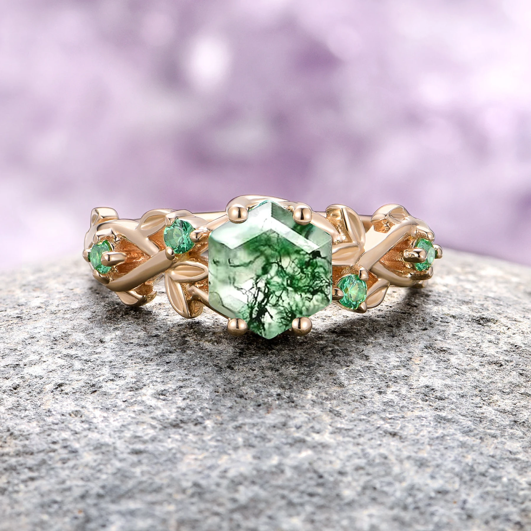 Woodland Hexagon Moss Agate & Emerald Engagement Ring in 14K Solid Yellow Gold