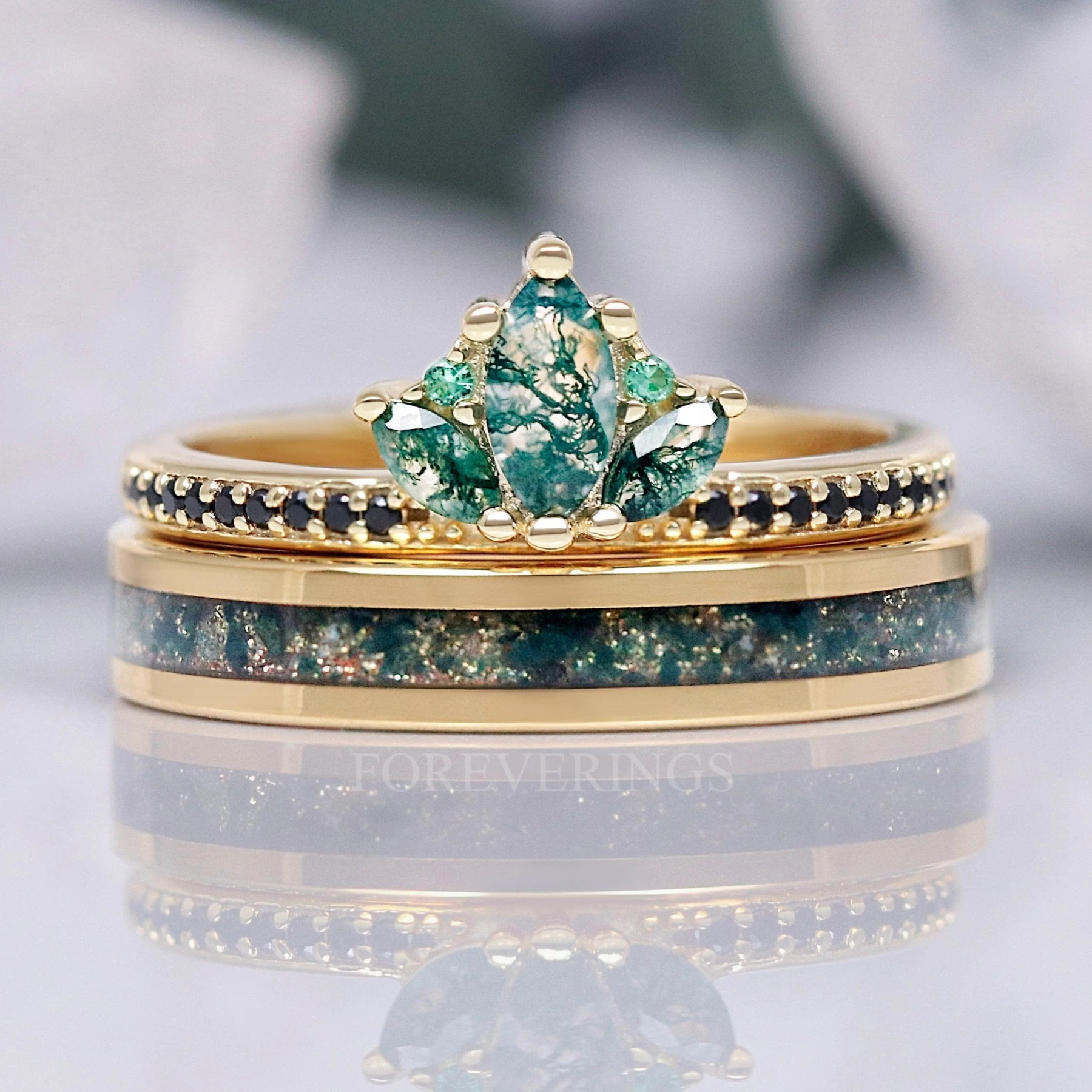 Gold Moss Agate Lotus Crown Ring, Enchanted Engagement Ring Set for Women