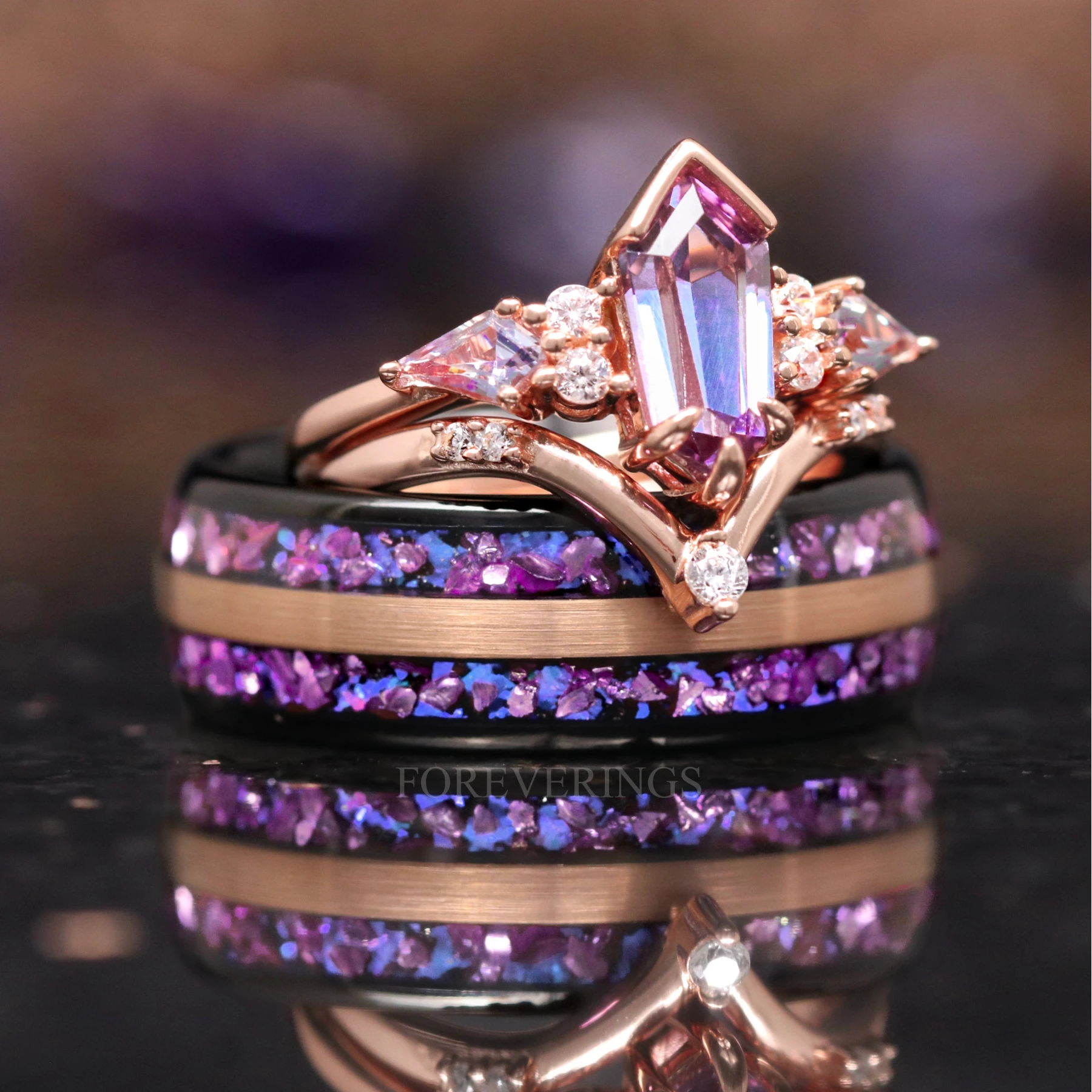 Couples Alexandrite Ring Set, Matching Engagement Ring, Rose Gold Strip
