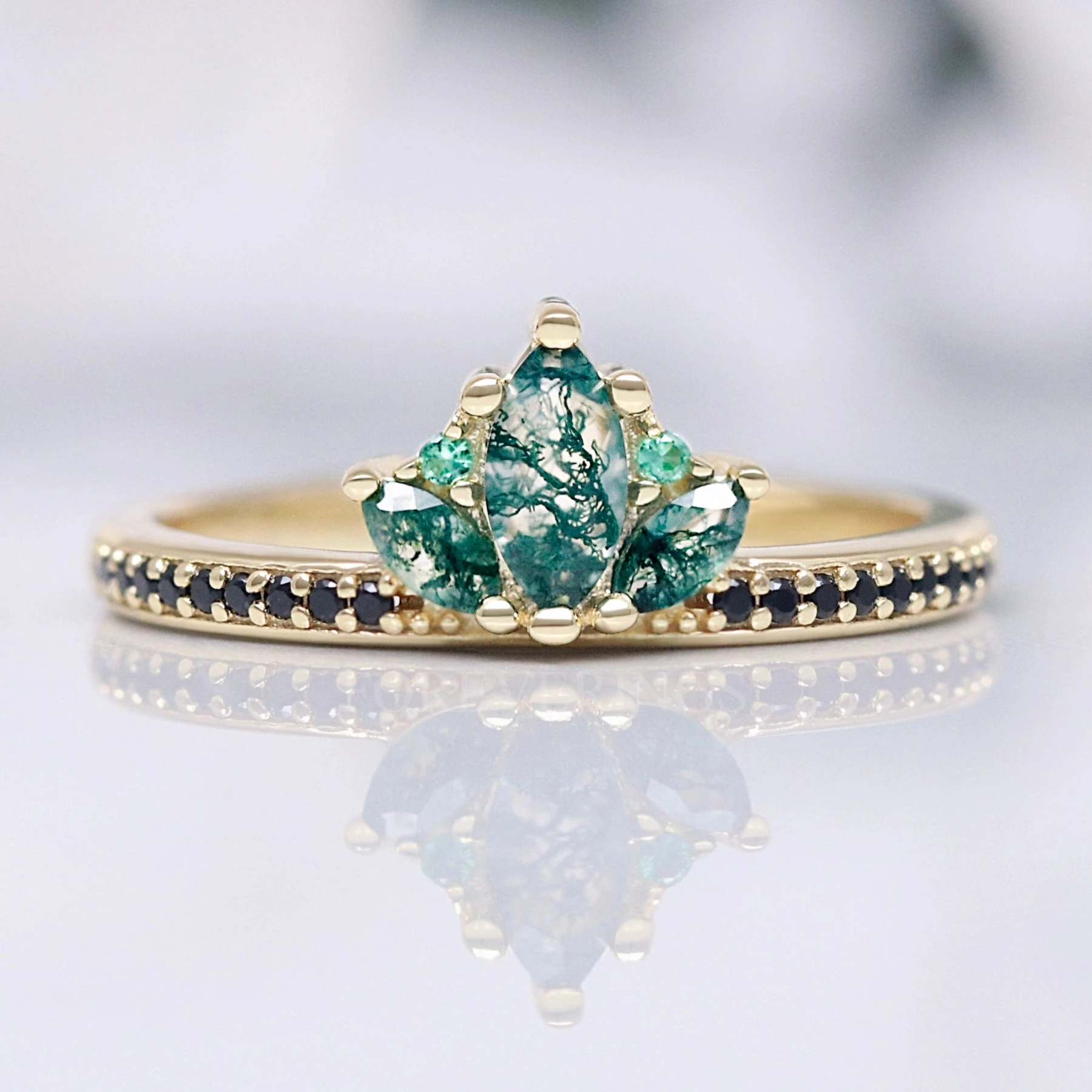 Gold Moss Agate Lotus Crown Ring, Stacking Engagement Ring for Women