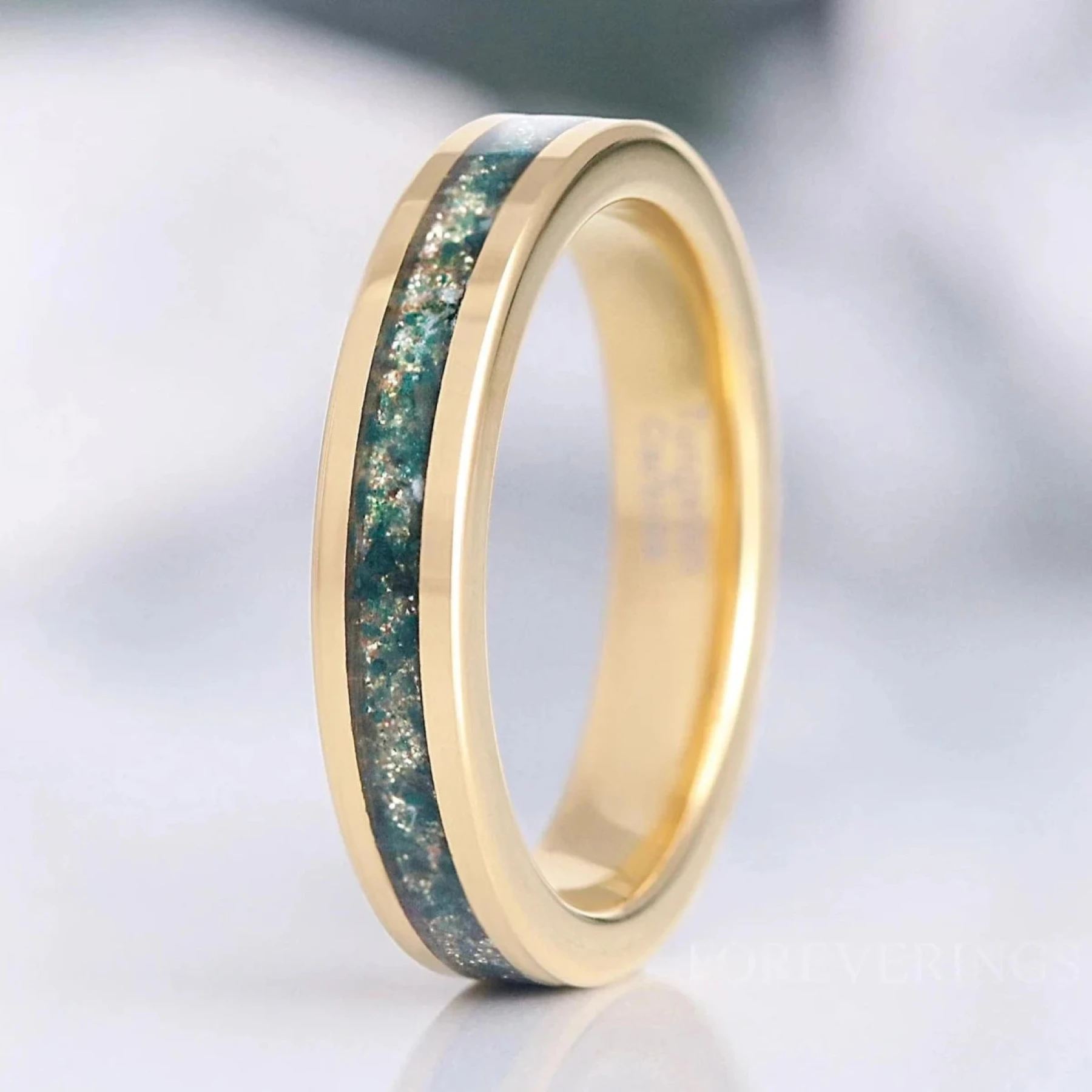 Gold Moss Agate Wedding Band, 4mm Nature-Inspired Ring, Unique Promise Ring