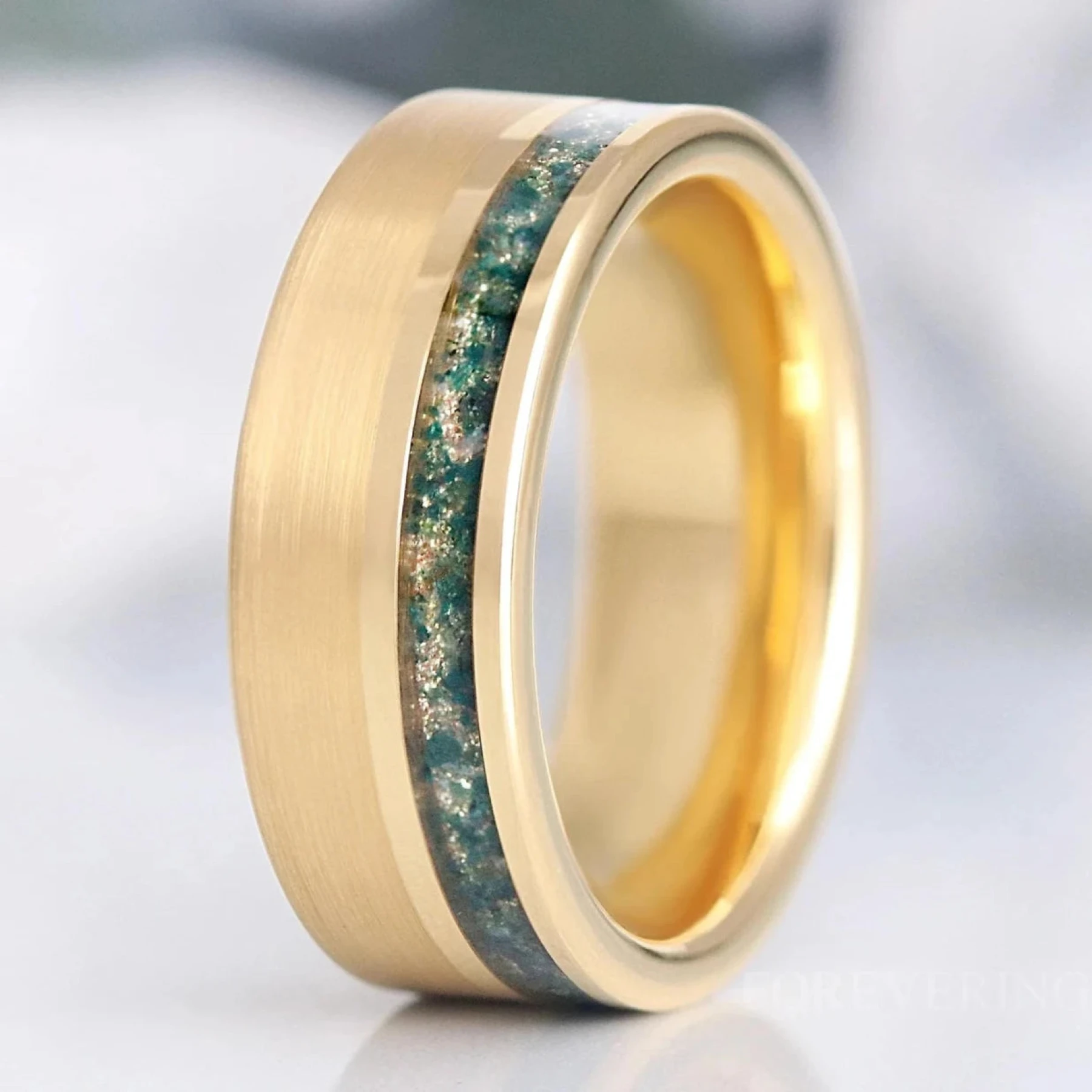 Gold Moss Agate Mens Ring, Tungsten Wedding Band, Nature-Inspired Gold Ring