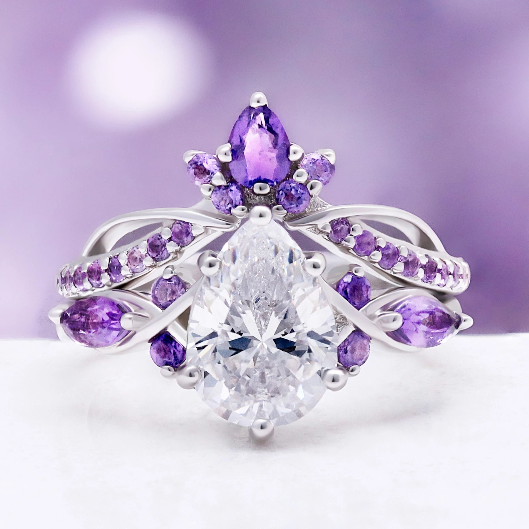 Feyra Natural Amethyst & Simulated Diamond Engagement Ring Set in Sterling Silver