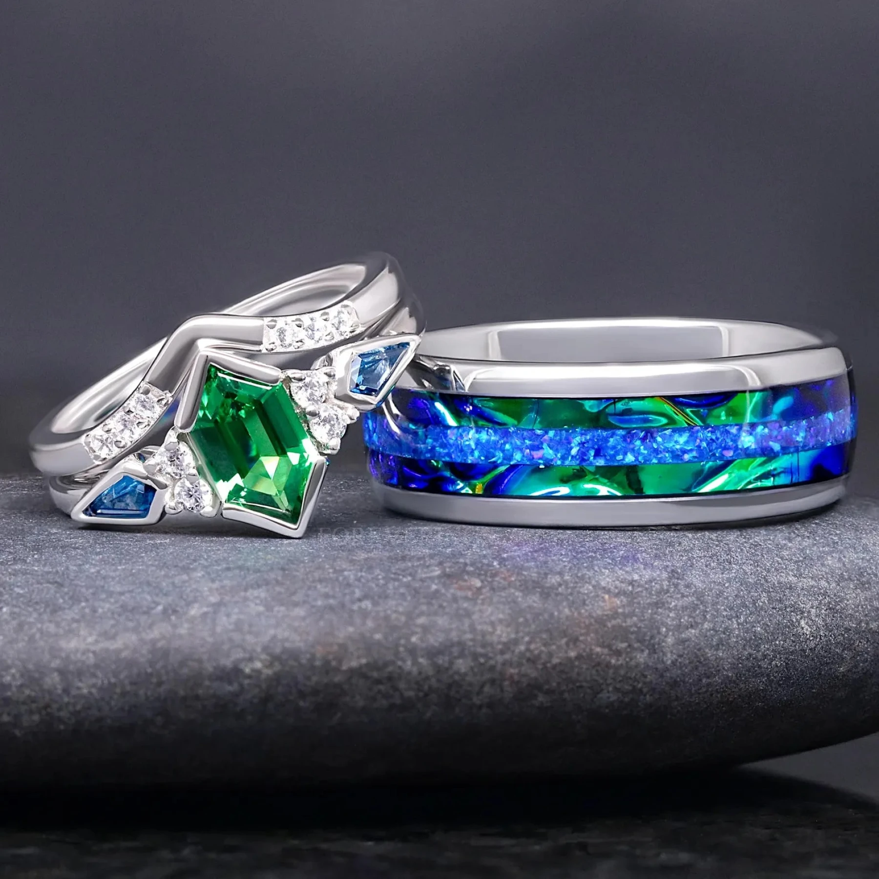 Azure Engagement Ring Set, His and Her Wedding Ring Set, Tungsten