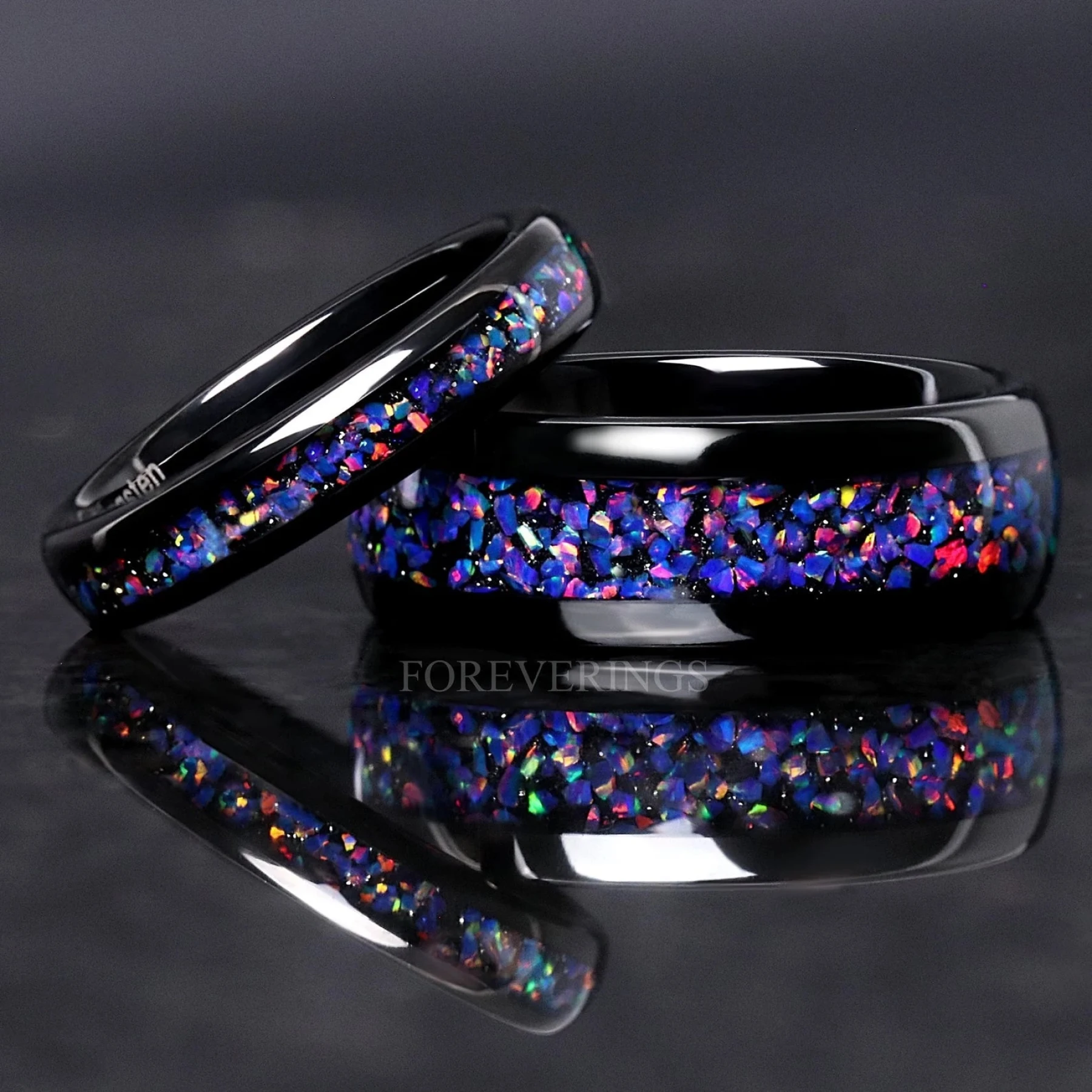 Black Starry Night Van Gogh Opal Matching Ring Set