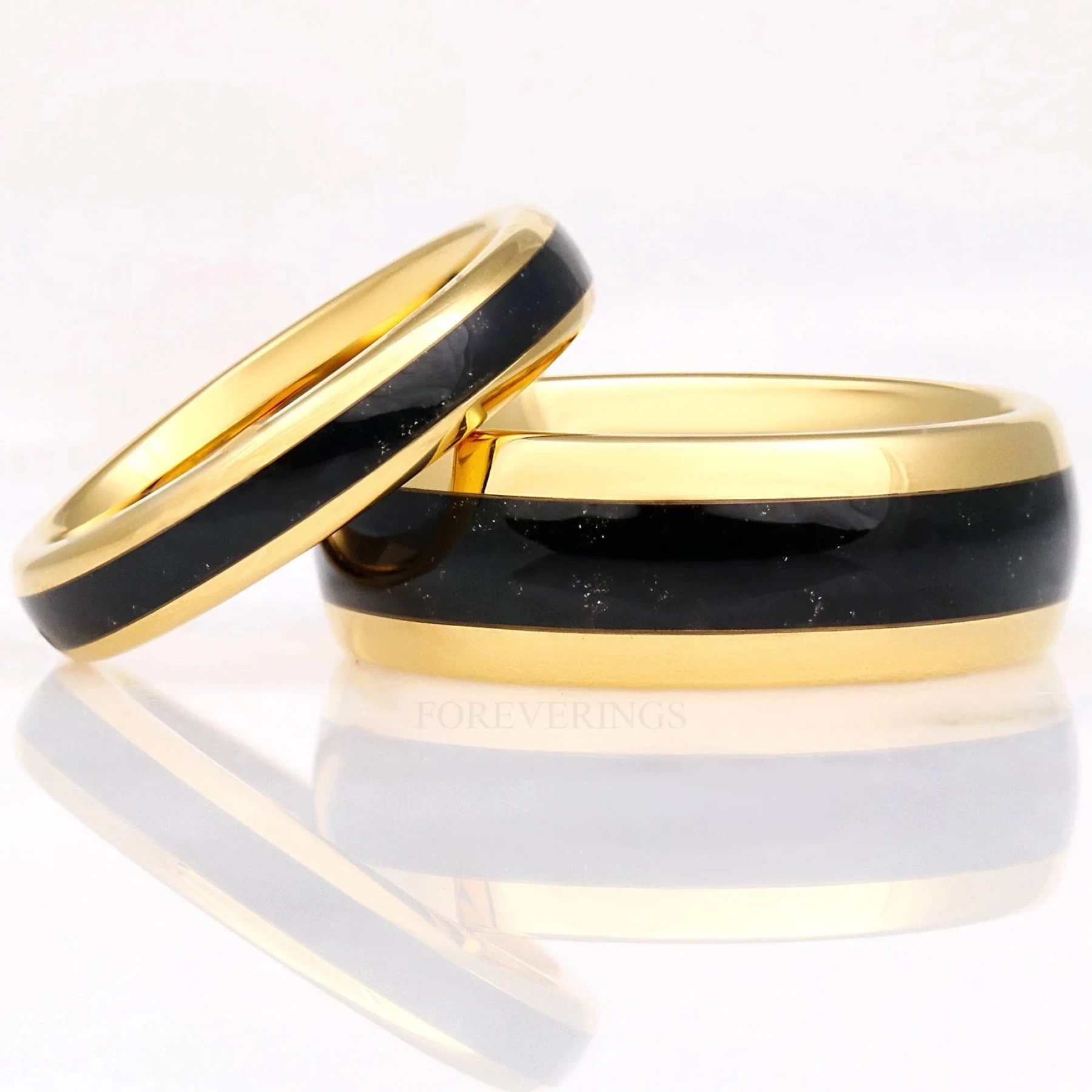 Gold Onyx Wedding Band Set, Couples Black Onyx Wedding Ring