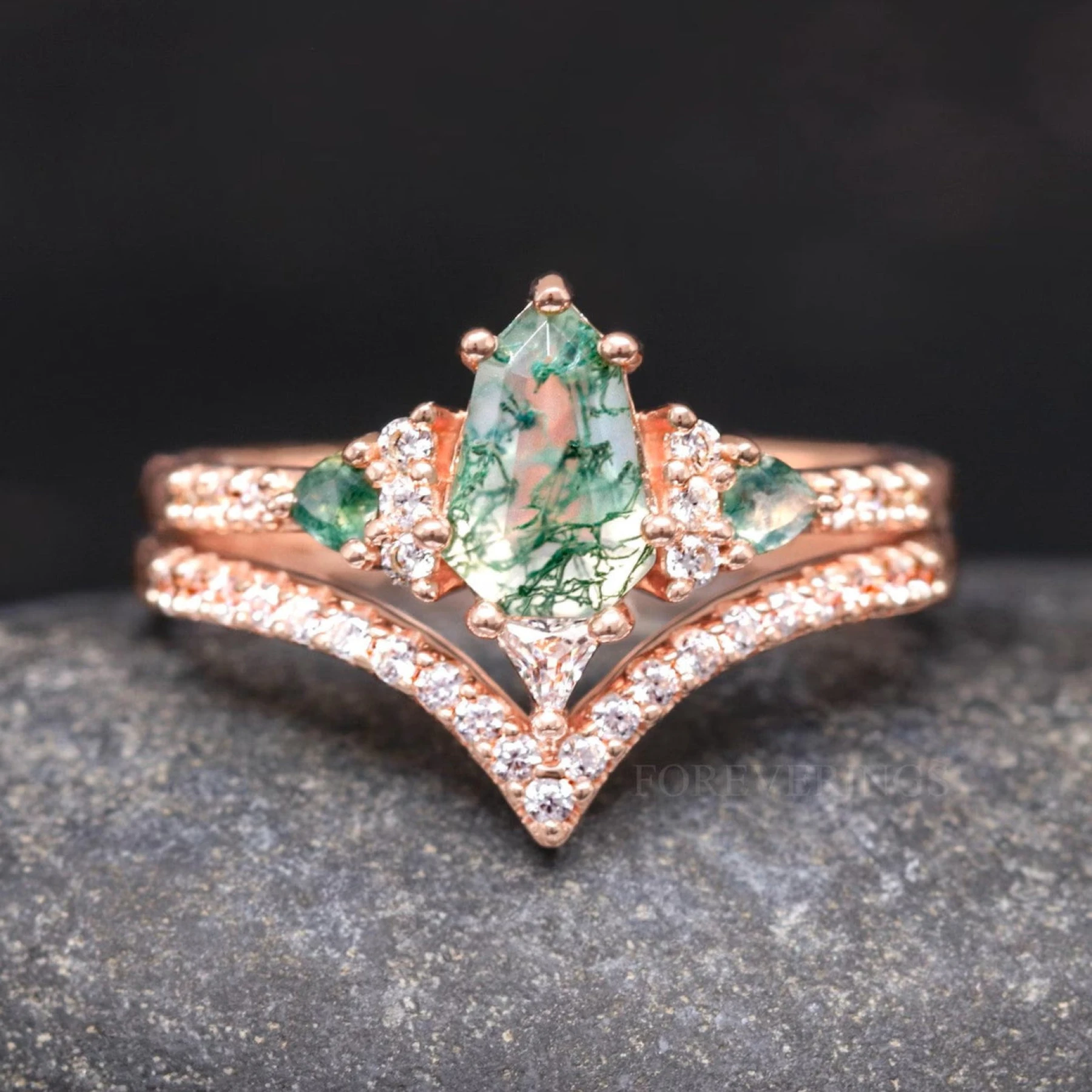 Moss Agate Wedding Ring, Woman Alternative Engagement Ring Set, Lumiere