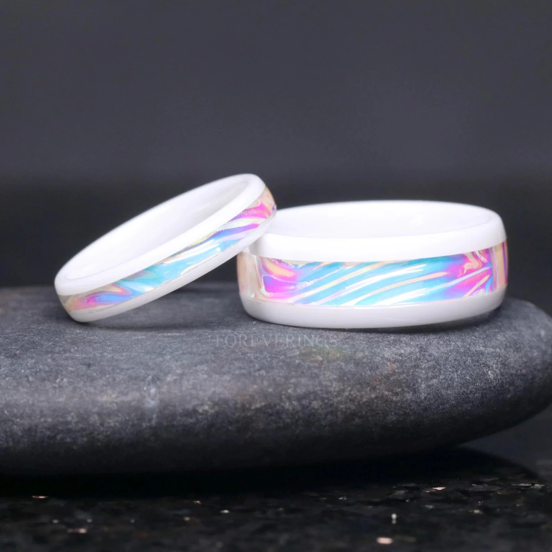 Caribbean Couples Ring Set – White Ceramic Mens Wedding Band with