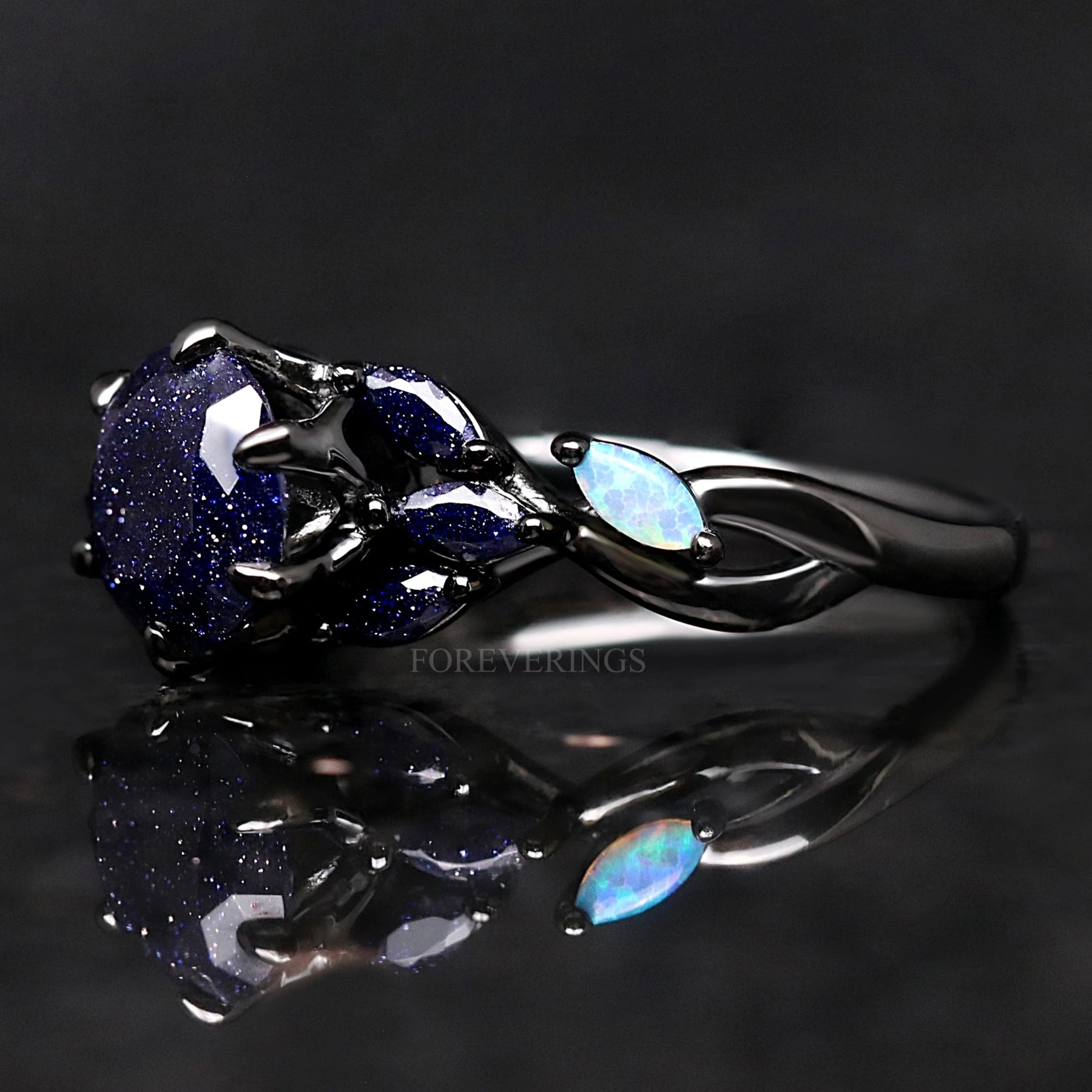 Nesta Rift Nebula Ring Sandstone, Black Rhodium Engagement Ring, Unique Black Ring