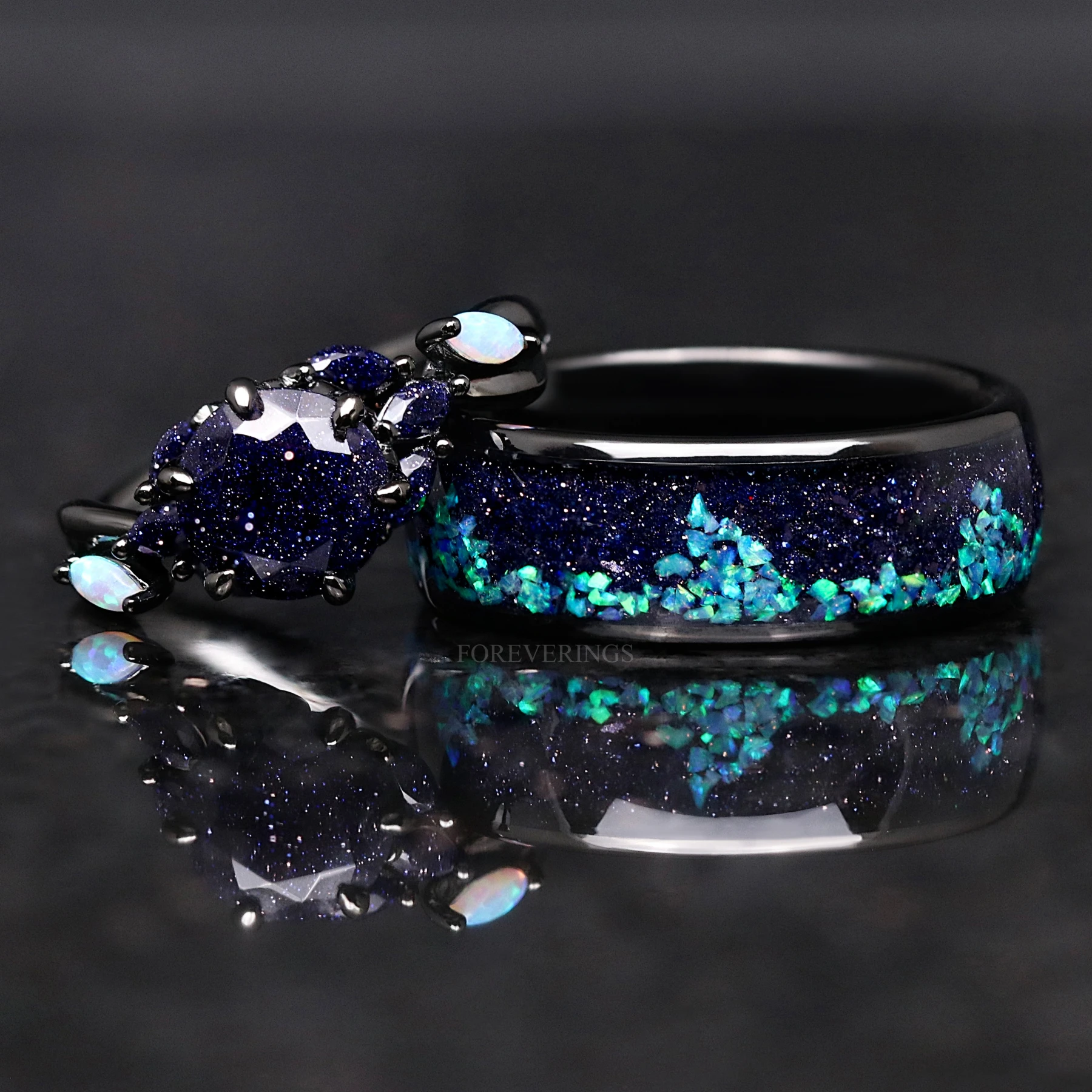 Nesta Starry Night Ring Set, His & Her Black Wedding Ring, Rift Nebula Ring Set