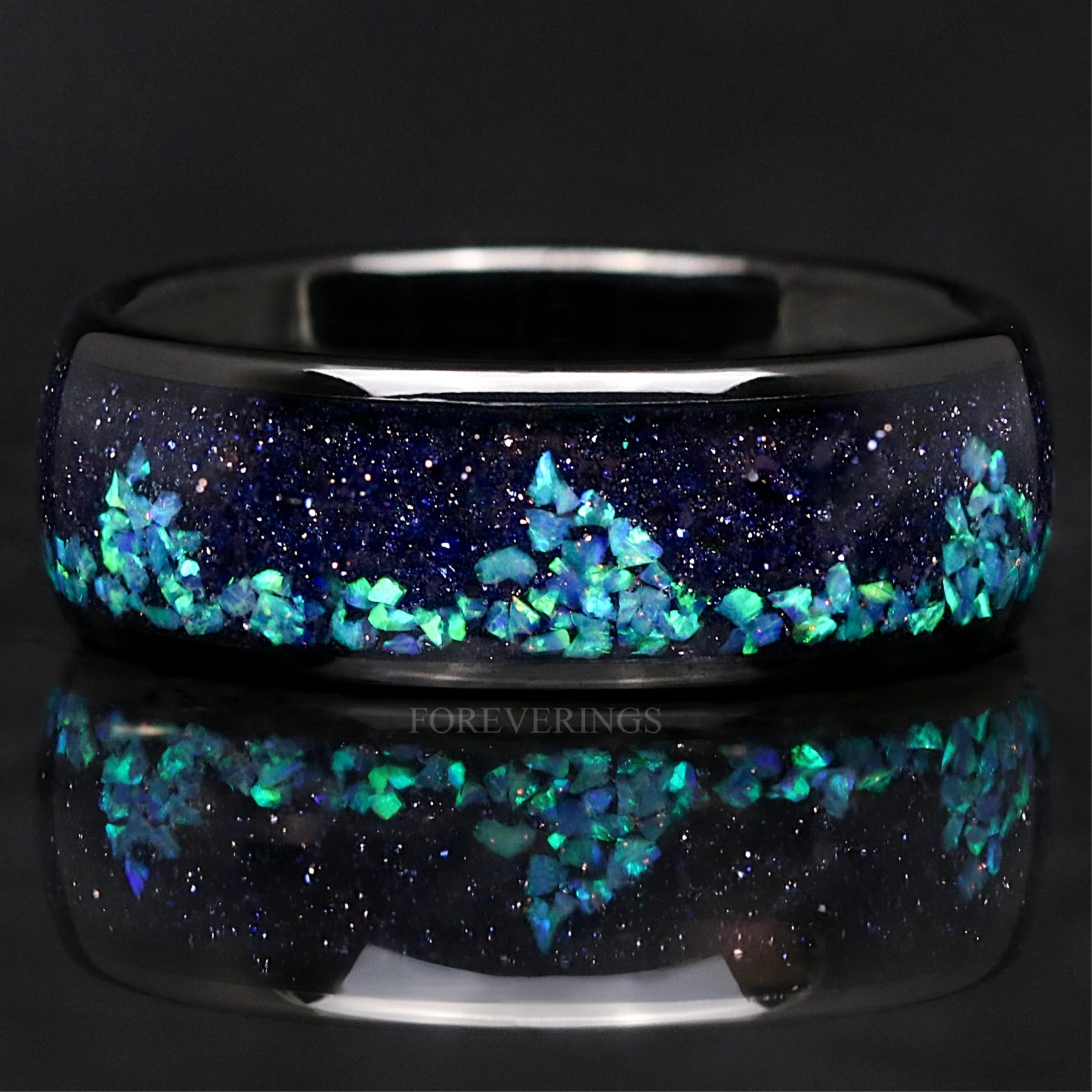 Wave Opal Blue Sandstone Inlay | Men's Black Tungsten Wedding Band