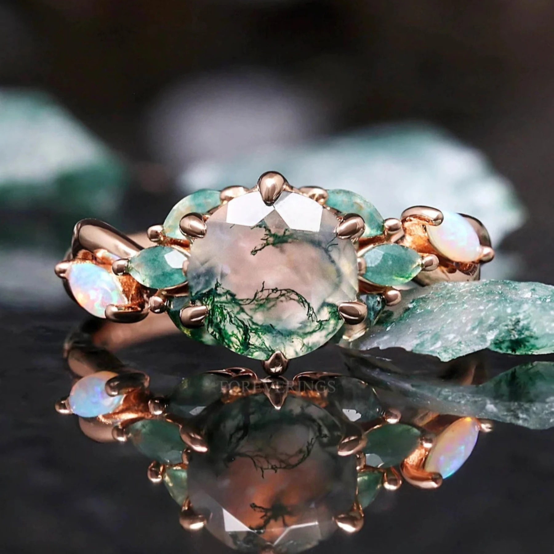 Nesta Rose Gold Moss Agate Ring, Unique Engagement Ring, Enchanted Promise Ring