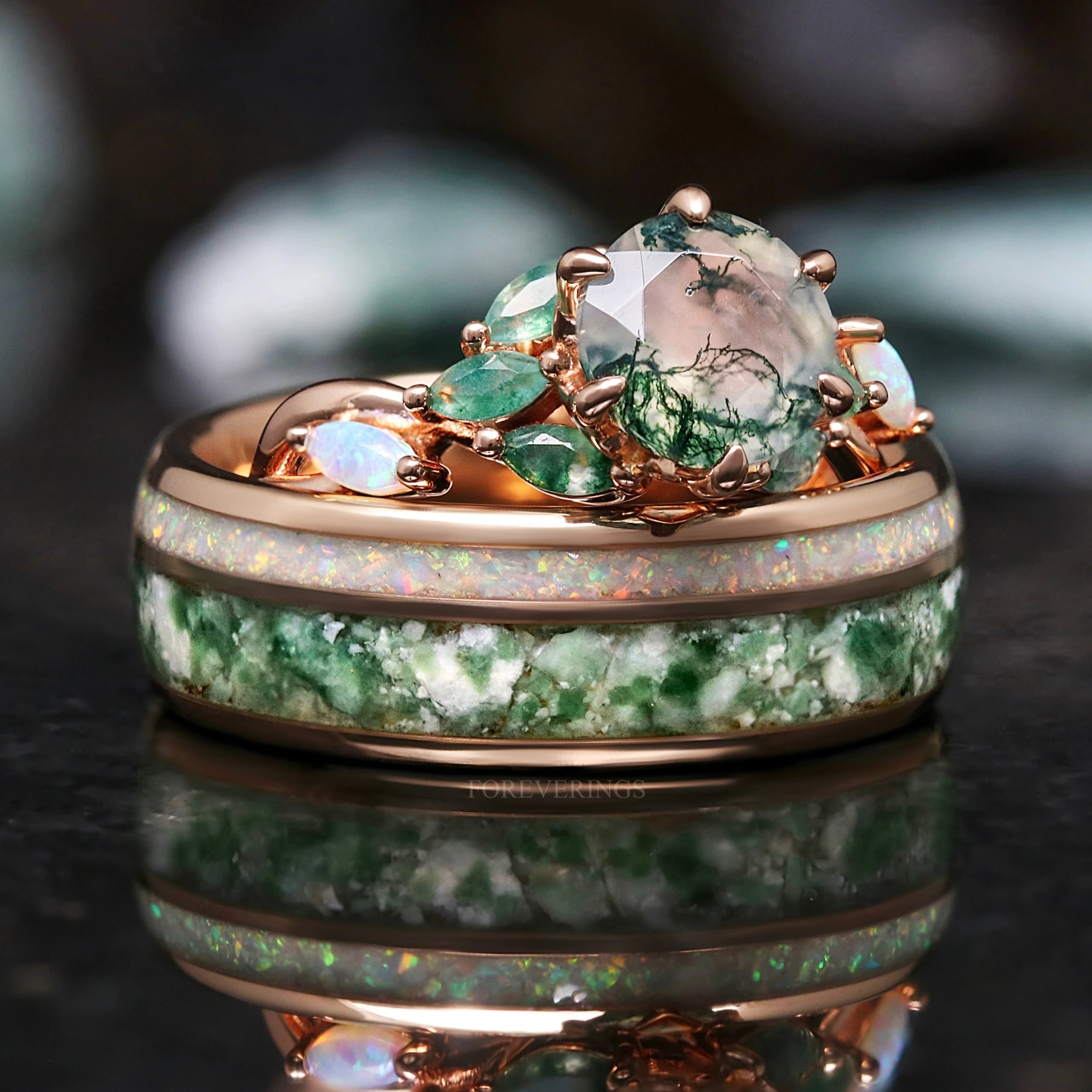 Nesta Rose Gold Moss Agate Ring Set - Unique Rose Gold Engagement & Wedding Rings