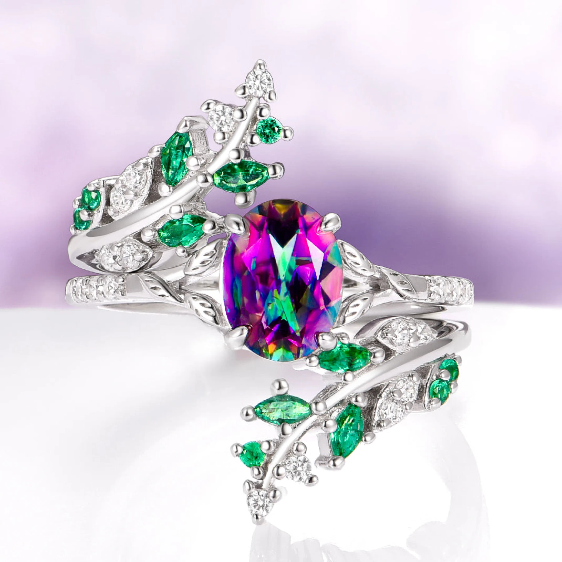 Mystic Topaz & Emerald Fairy Leaf Ring Set in Sterling Silver