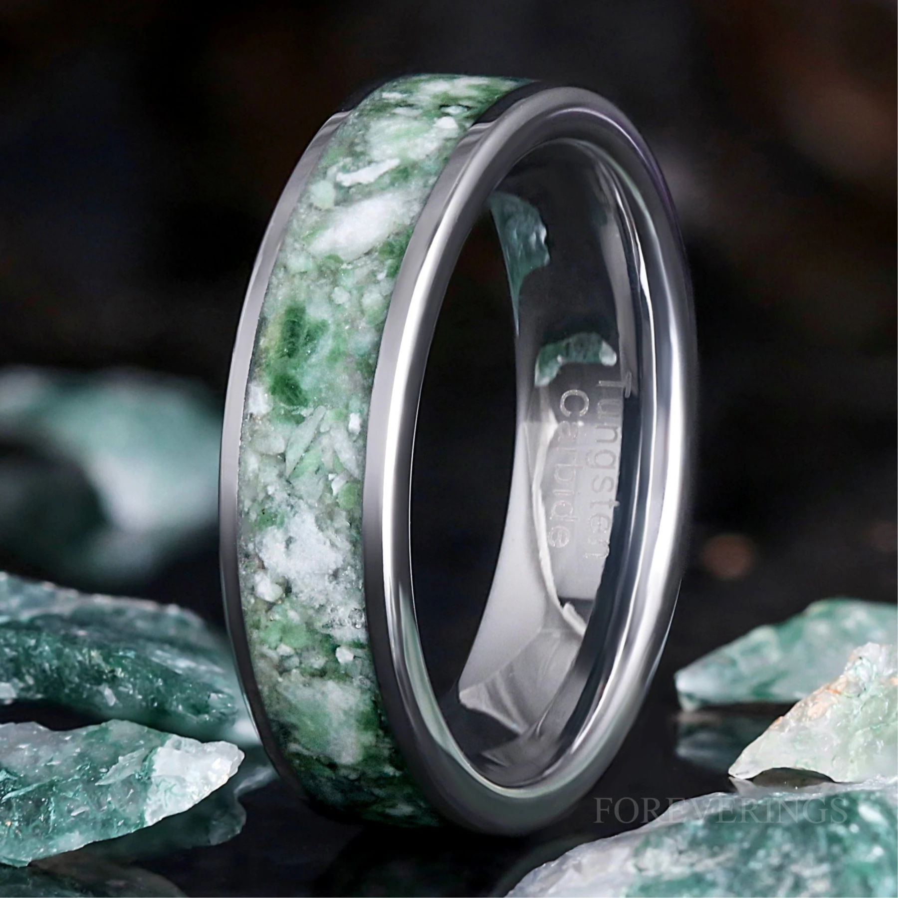 Green Moss Agate Tungsten Wedding Band for Men, 6mm Silver Ring, Flat Polish