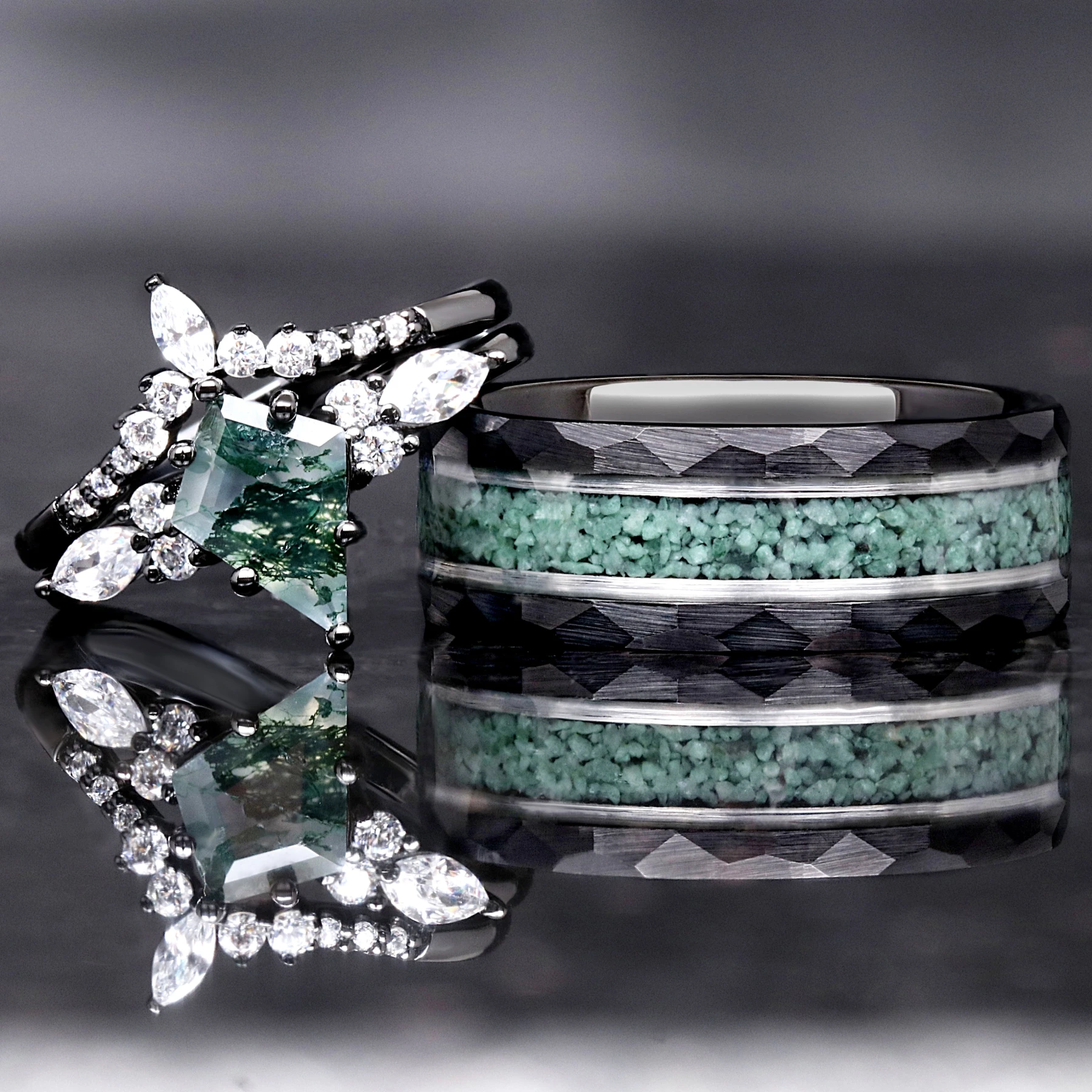 Green Moss Agate Ring Set, His and Hers Wedding Band, Black Ring Set