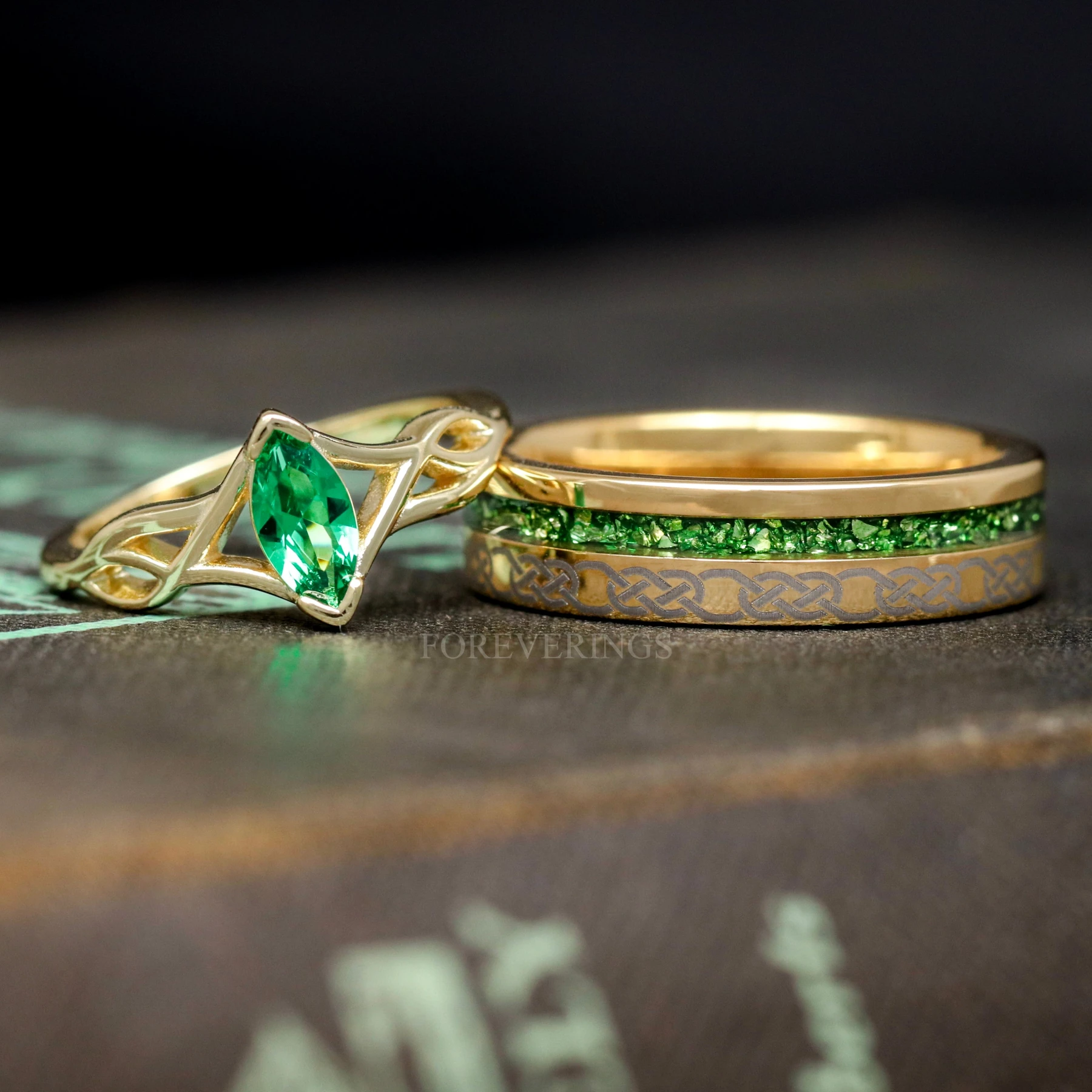 His and Her Celtic Knot Ring Set, Gold Emerald Wedding Bands