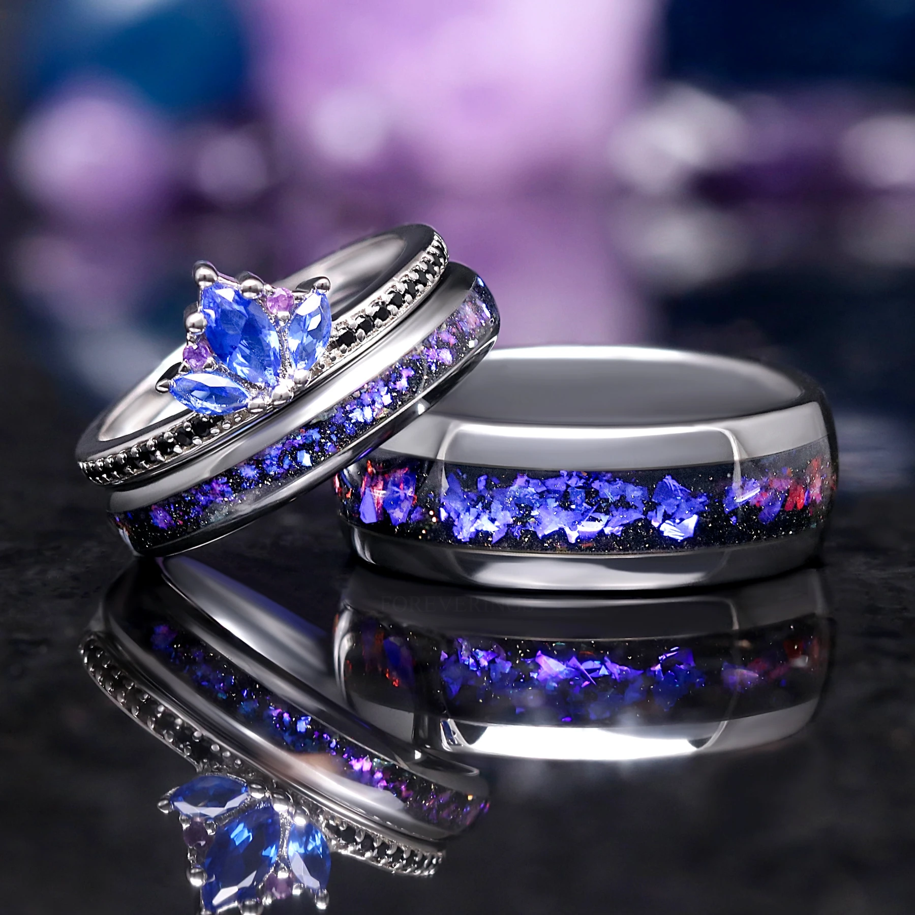 Blue Lotus Orion Nebula Wedding Ring Set: His and Hers