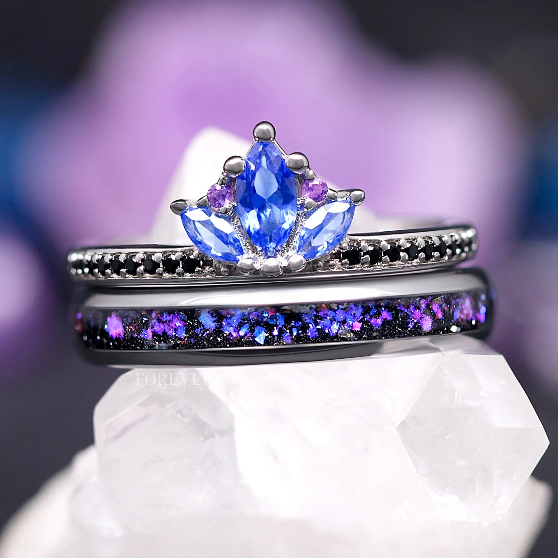 Blue Lotus Orion Nebula Engagement Ring Set, Women Space Wedding Ring