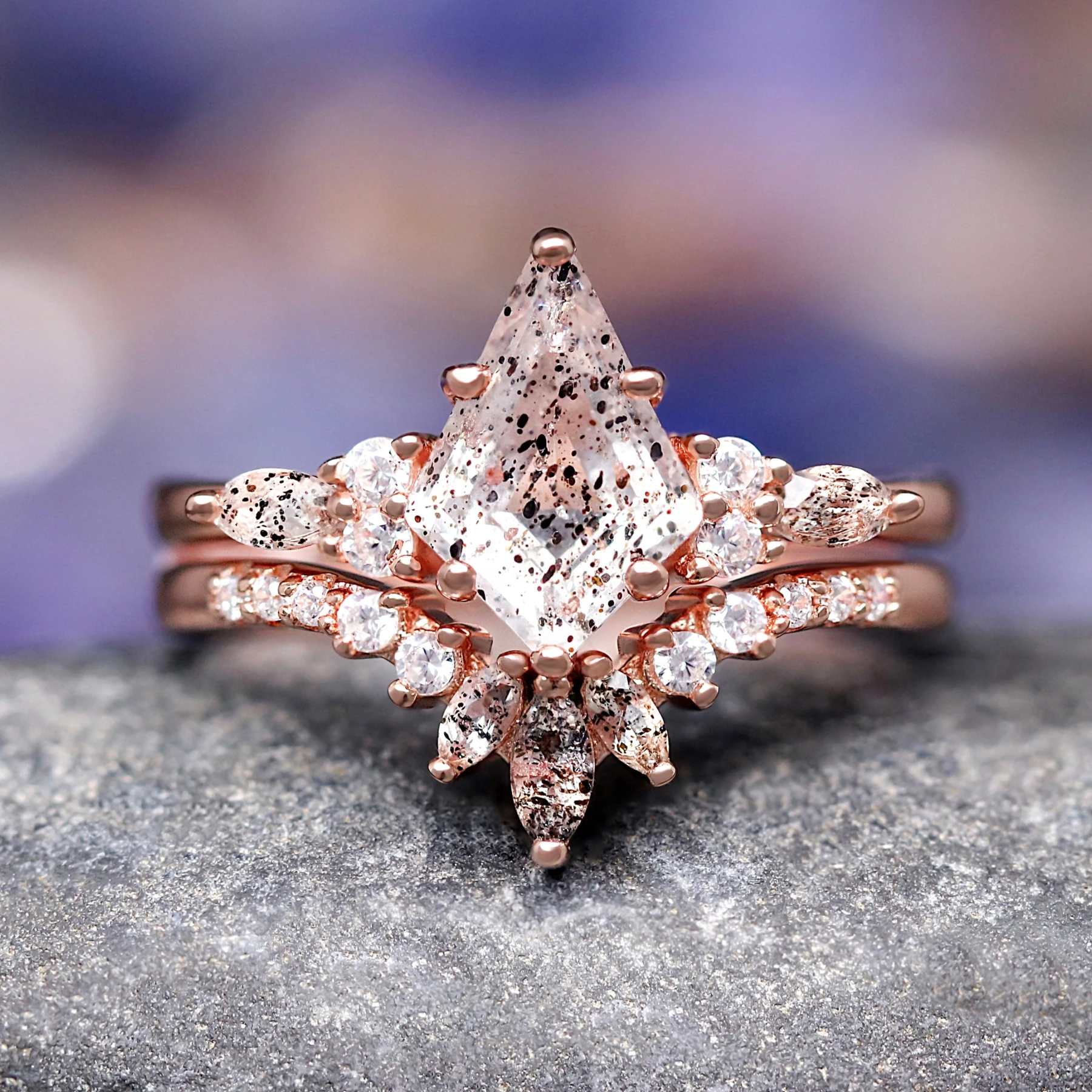 Galaxy Salt and Pepper Herkimer Diamond Engagement Ring Set