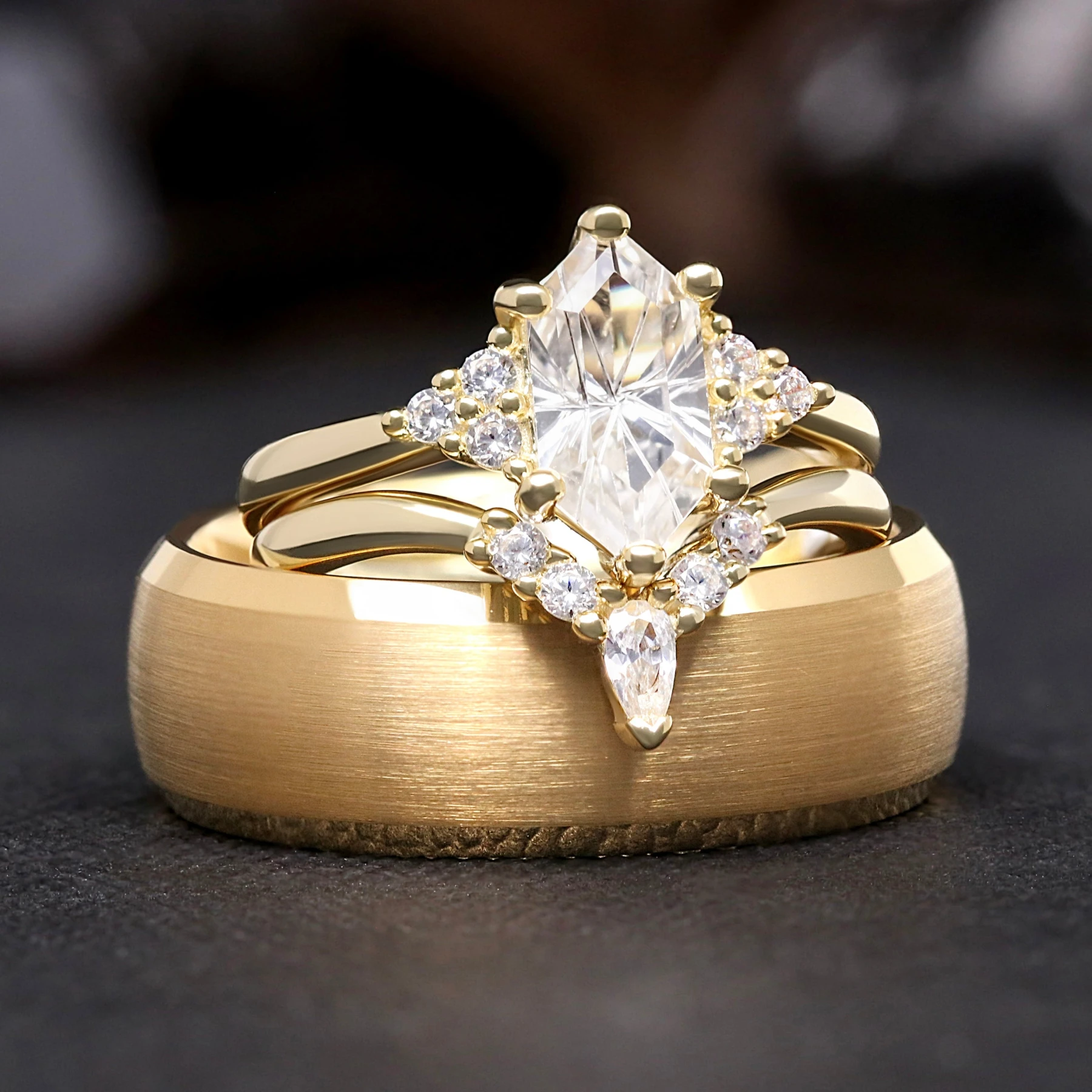 Spire White Sapphire Couples Ring Set, His and Her Gold Wedding Ring Set