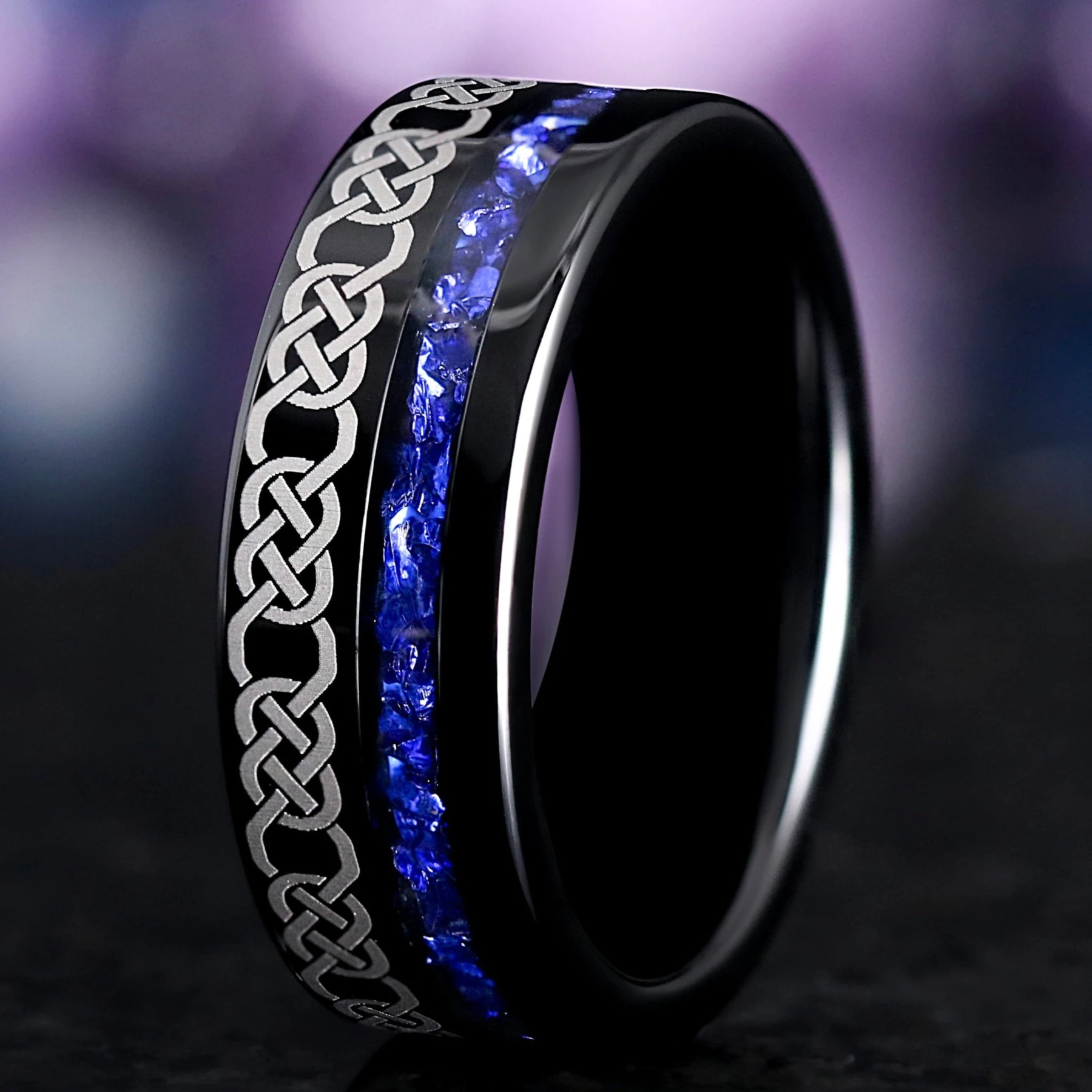 Celtic Mens Wedding Band – Black & Blue Sapphire Celtic Knot Ring