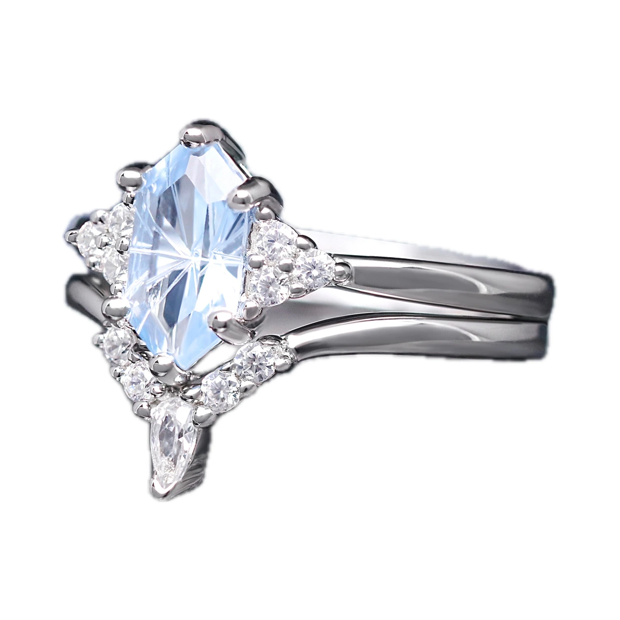 Spire Aquamarine Engagement Ring, Women Wedding Ring Set, Elongated Hexagon