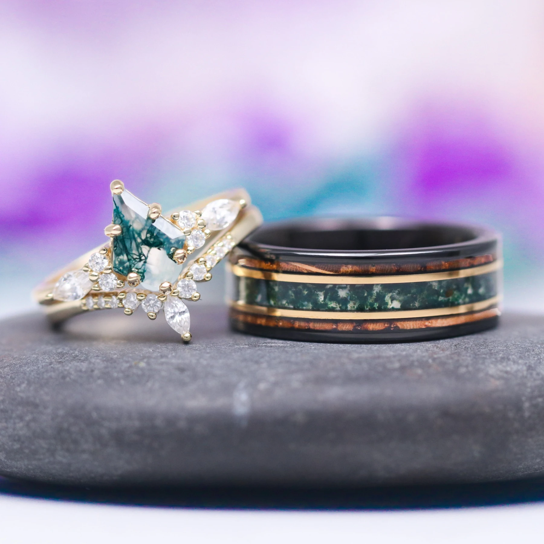 Skye Kite® Green Moss Agate & Whiskey Barrel Couples Ring Set