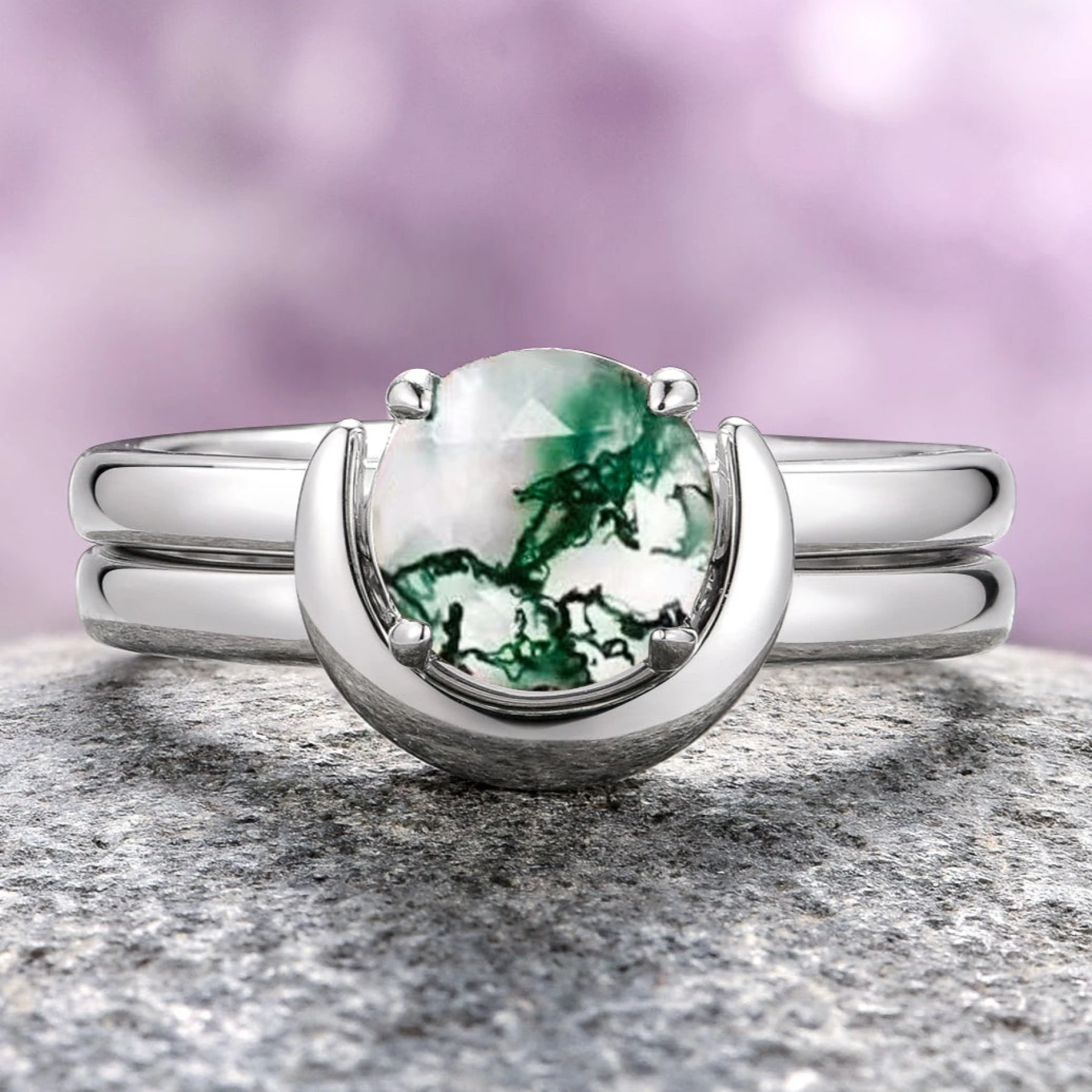 Moss Agate Crescent Moon Engagement Ring Set- 14K White Gold