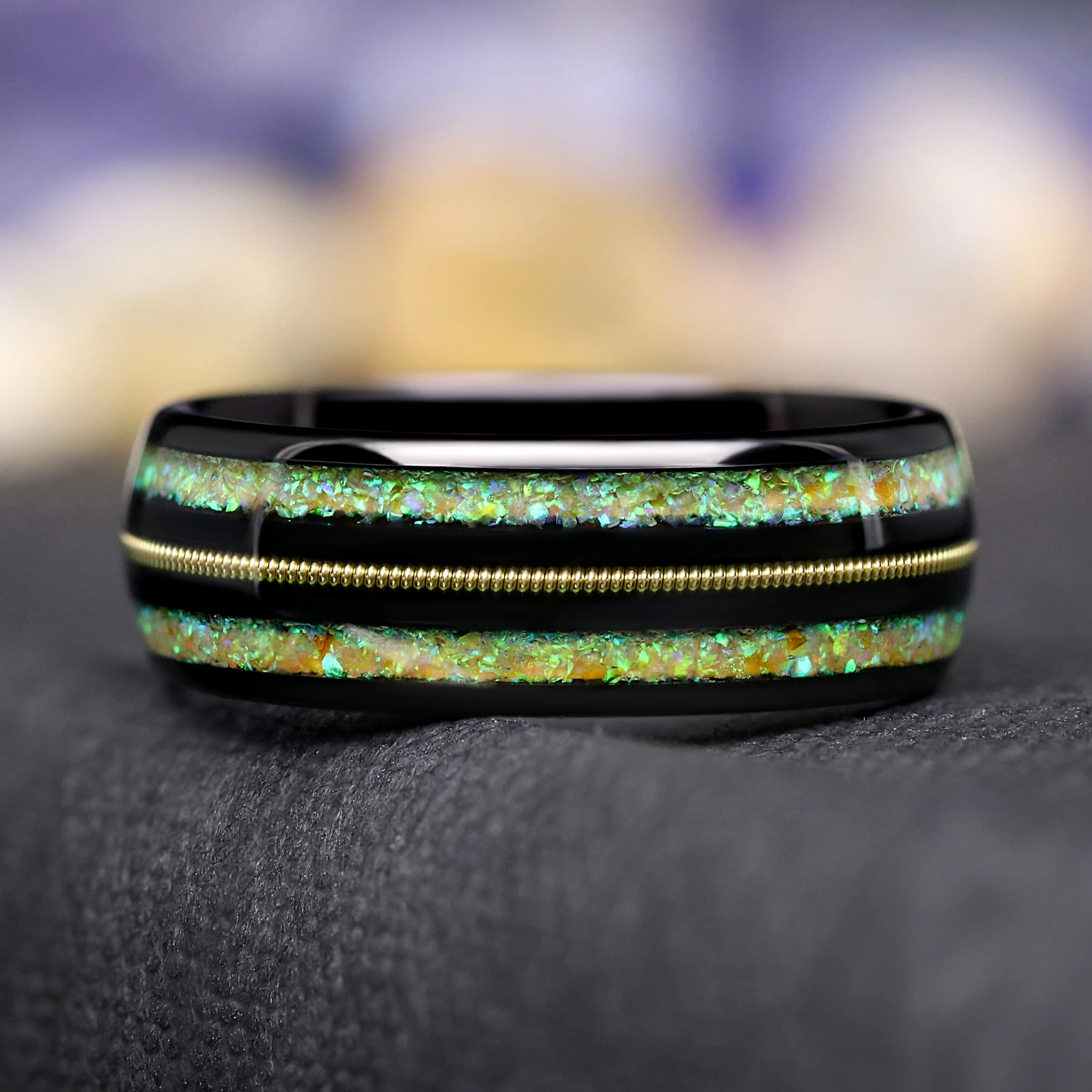 Gold Guitar String Inlay Ring | Black Tungsten Mens Wedding Band 8mm