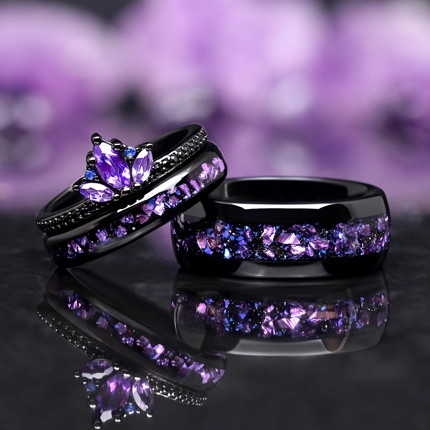 Natural Amethyst Lotus Engagement Ring Set
