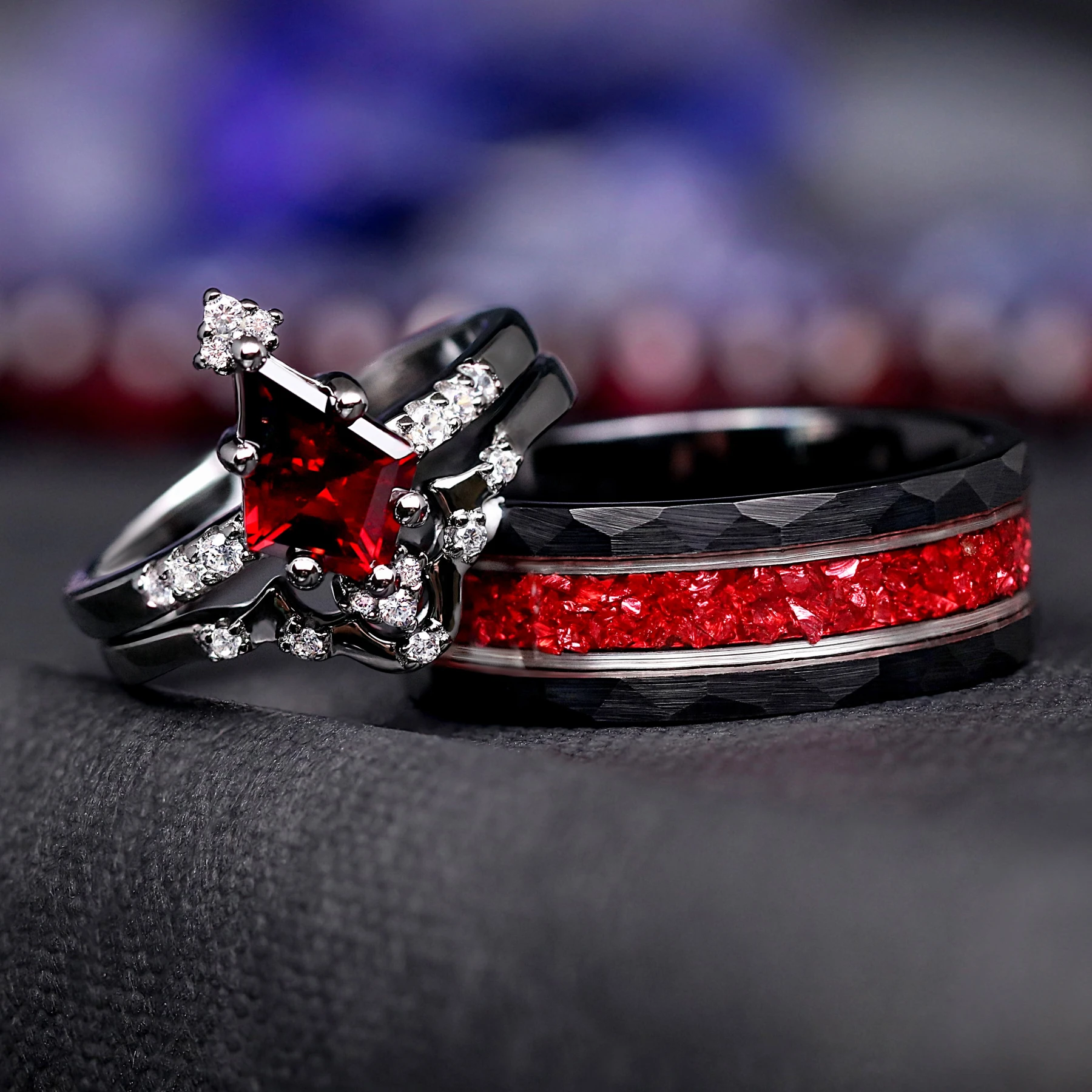 Weaver Garnet Couples Ring Set, Unique Wedding Ring Set