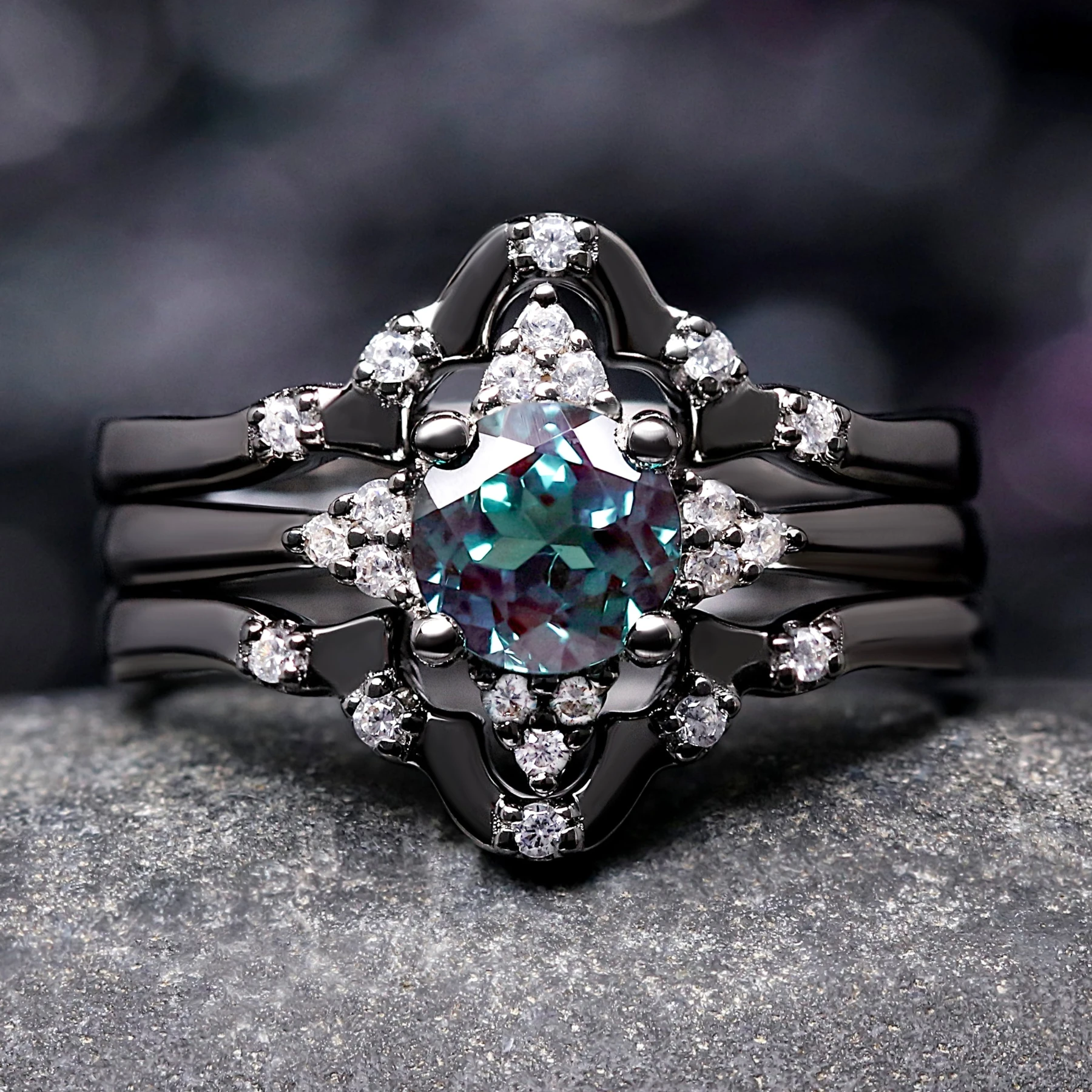 Veloura Black Alexandrite Engagement Ring Set – Unique Wedding Ring for Women