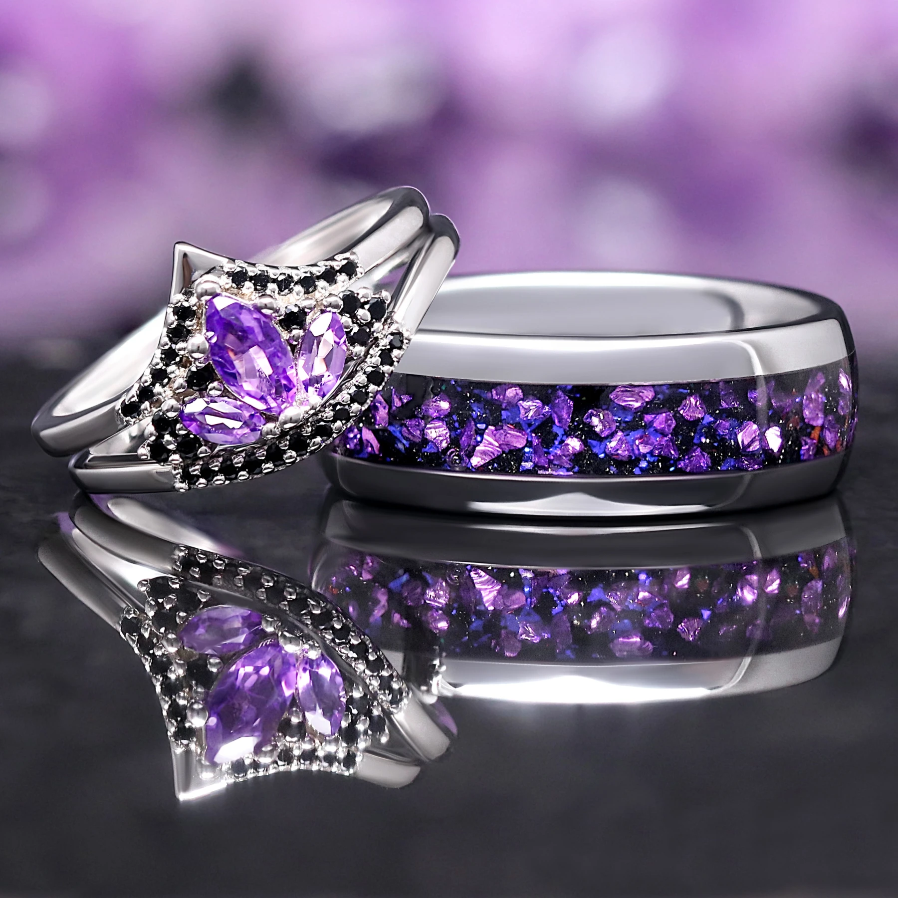 Natural Amethyst Engagement Ring Set