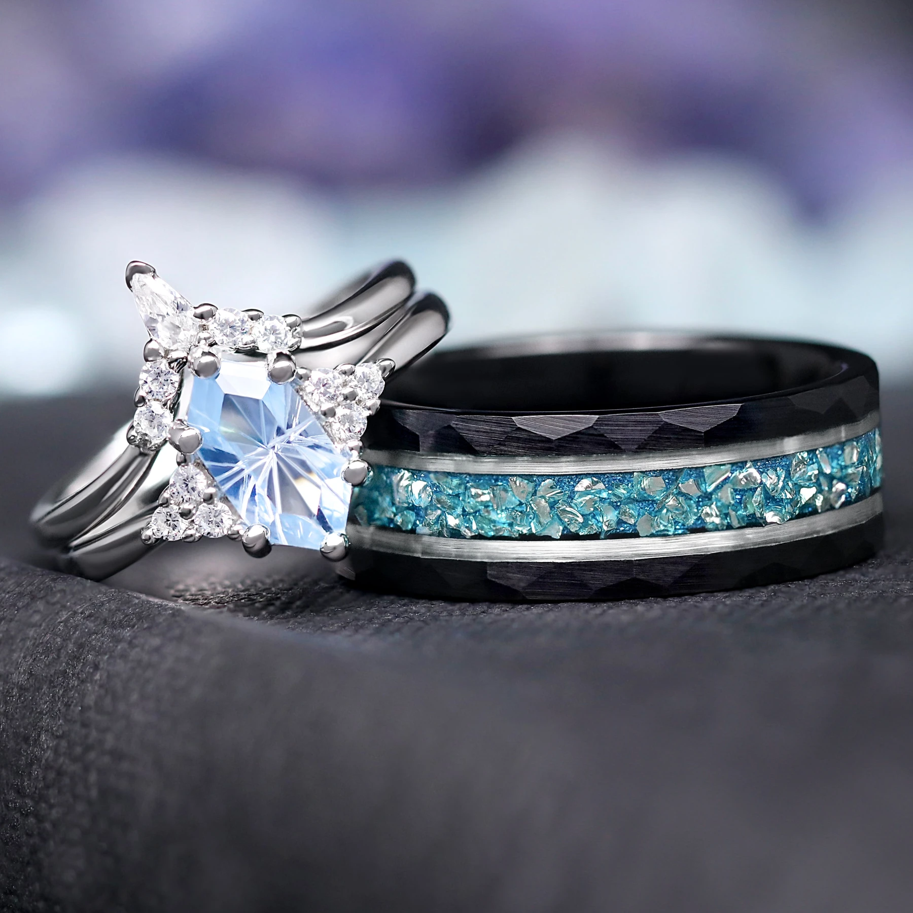 Spire Aquamarine Engagement Ring Set, His and Her Wedding Band Set