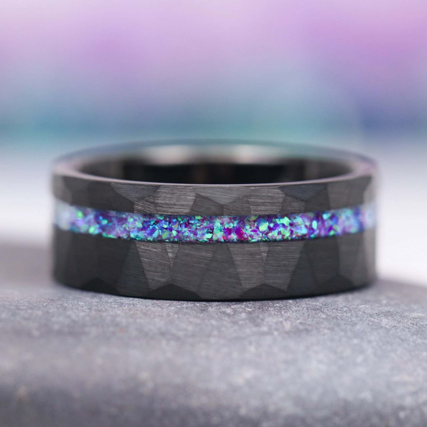 Crushed Lavender Fire Opal Men's Wedding Band in Black Tungsten (8mm)