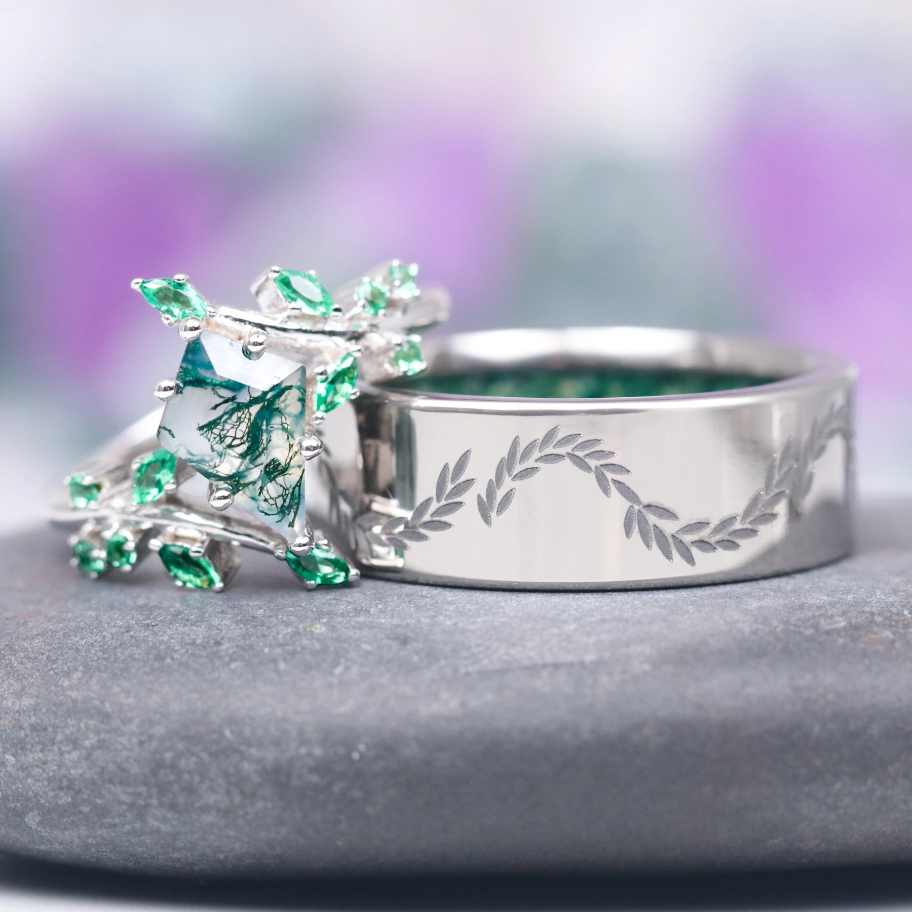Kite Moss Agate & Emerald Leaf Couples Ring Set
