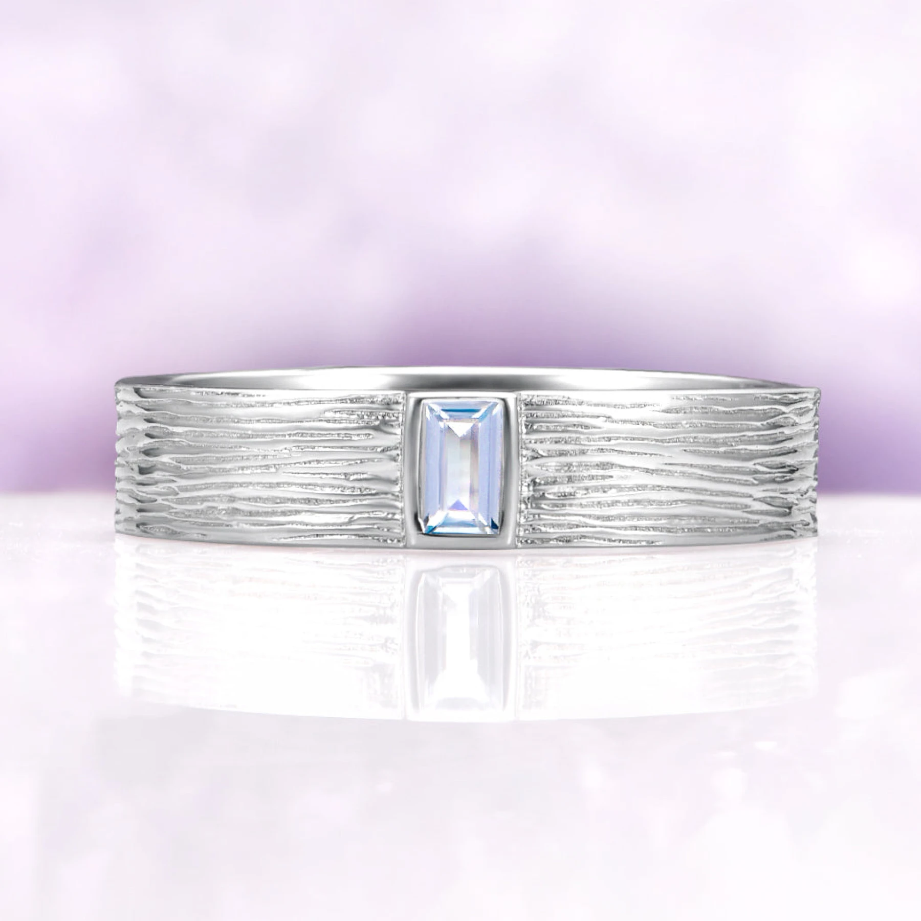 Bark Texture Nature Aquamarine Wedding Band in 14K White Gold