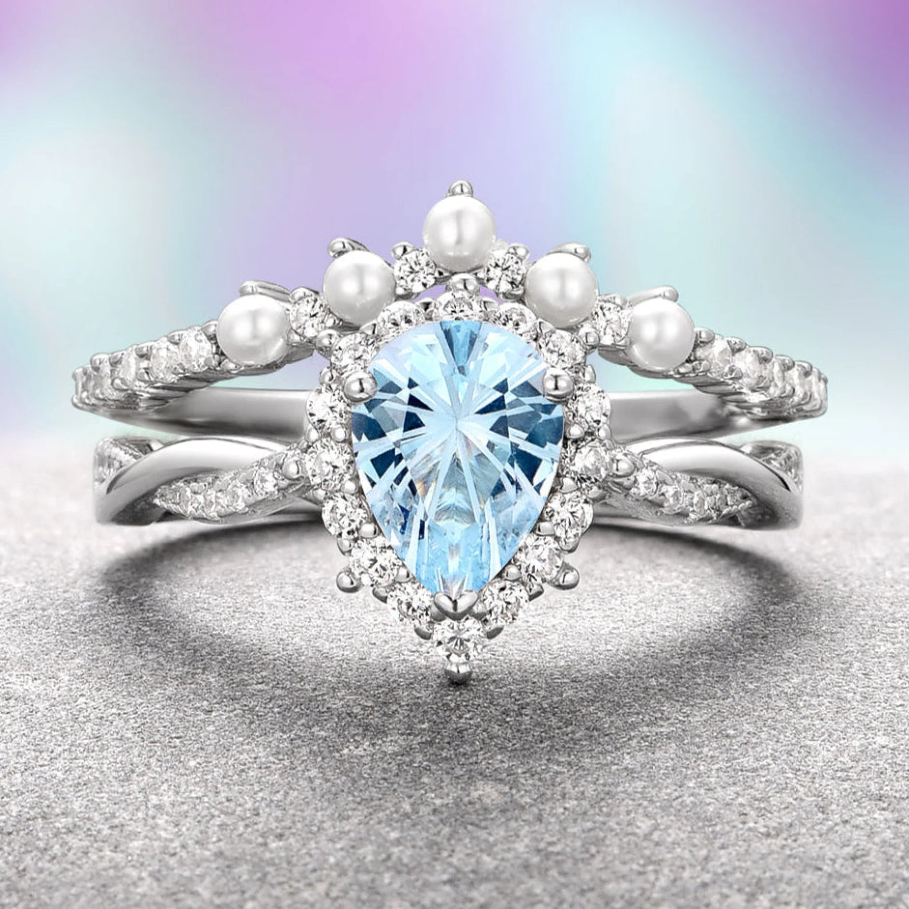 Briar Aquamarine & Pearl Engagement Ring Set in 14K White Gold