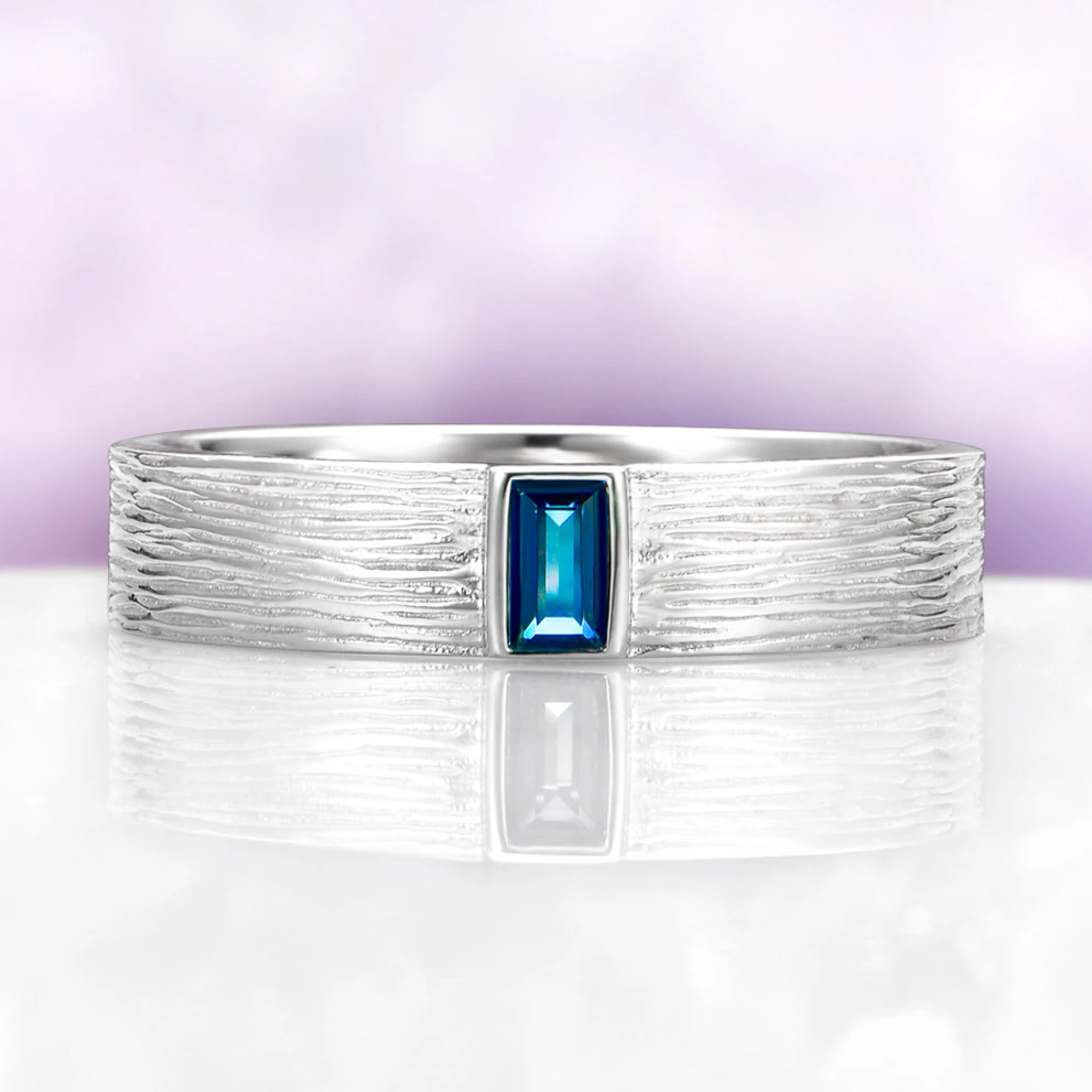 London Blue Topaz Bark Texture Wedding Band in Sterling Silver