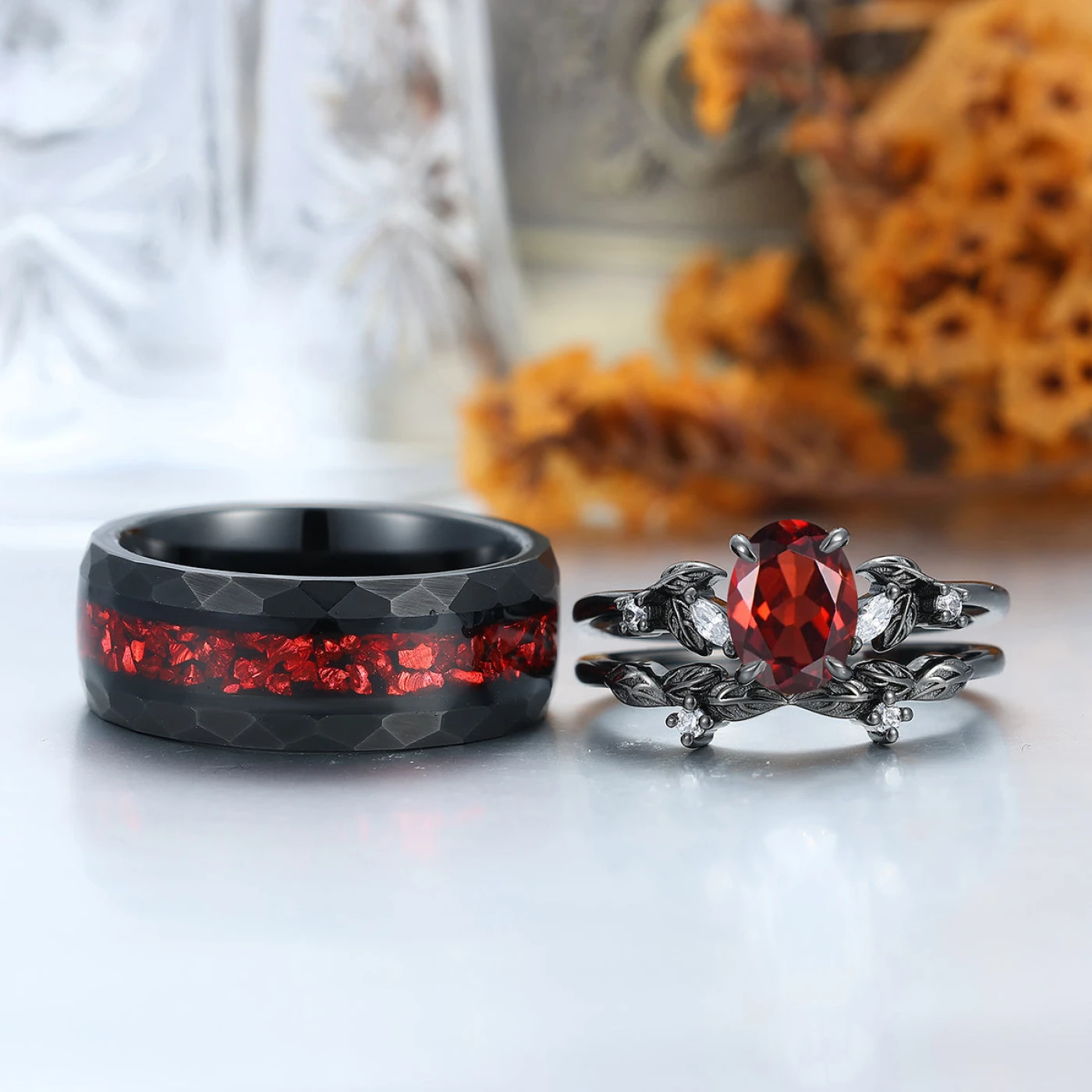 Elegant Red Garnet Leaf Accents Engagement Rings For Couples Hammered Ruby