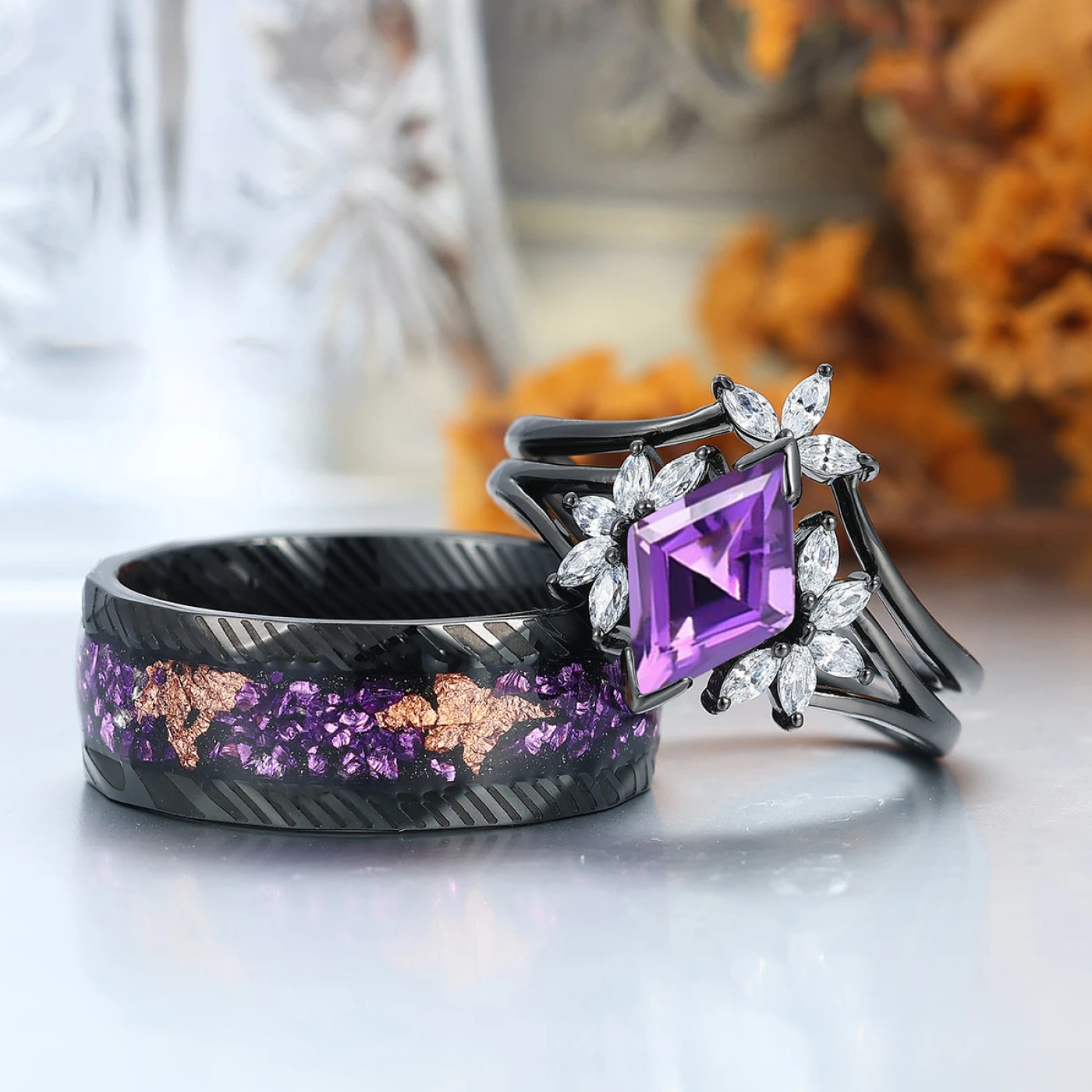 Delicate Amethyst Petal Engagement Couple Rings Set Matching