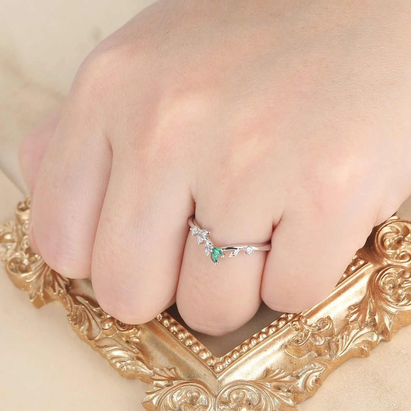 Curved Sprig Moissanite And Emerald Women Wedding Band Anniversary Bridal Band - view 6