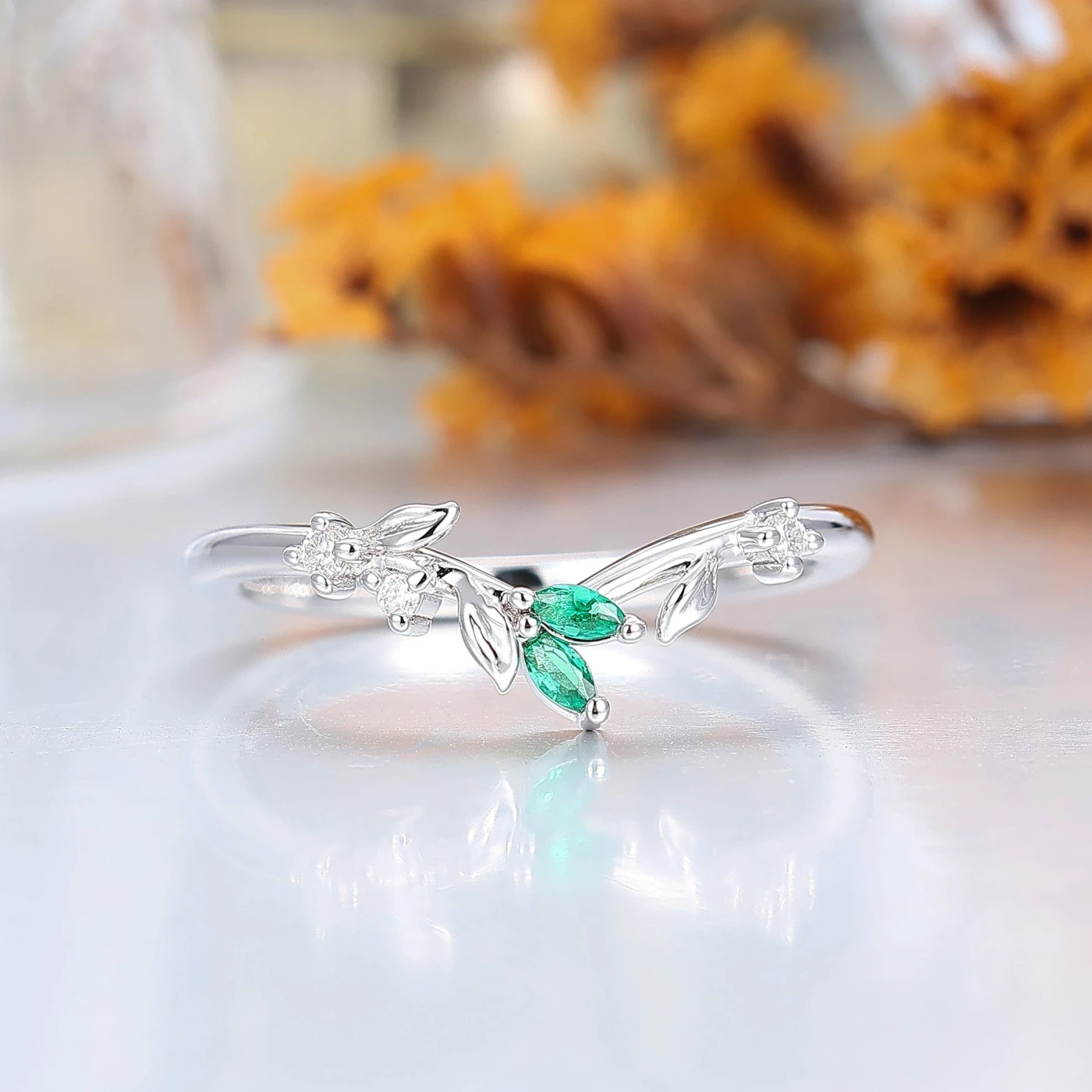 Curved Sprig Moissanite And Emerald Women Wedding Band Anniversary Bridal Band - view 7