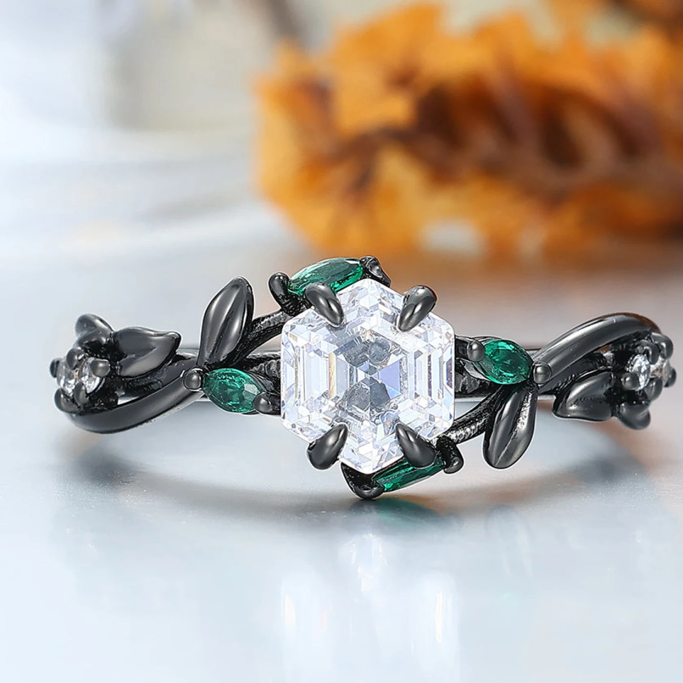 Art Deco Hexagonal Twig Engagement Ring Emerald Accents Bridal Ring